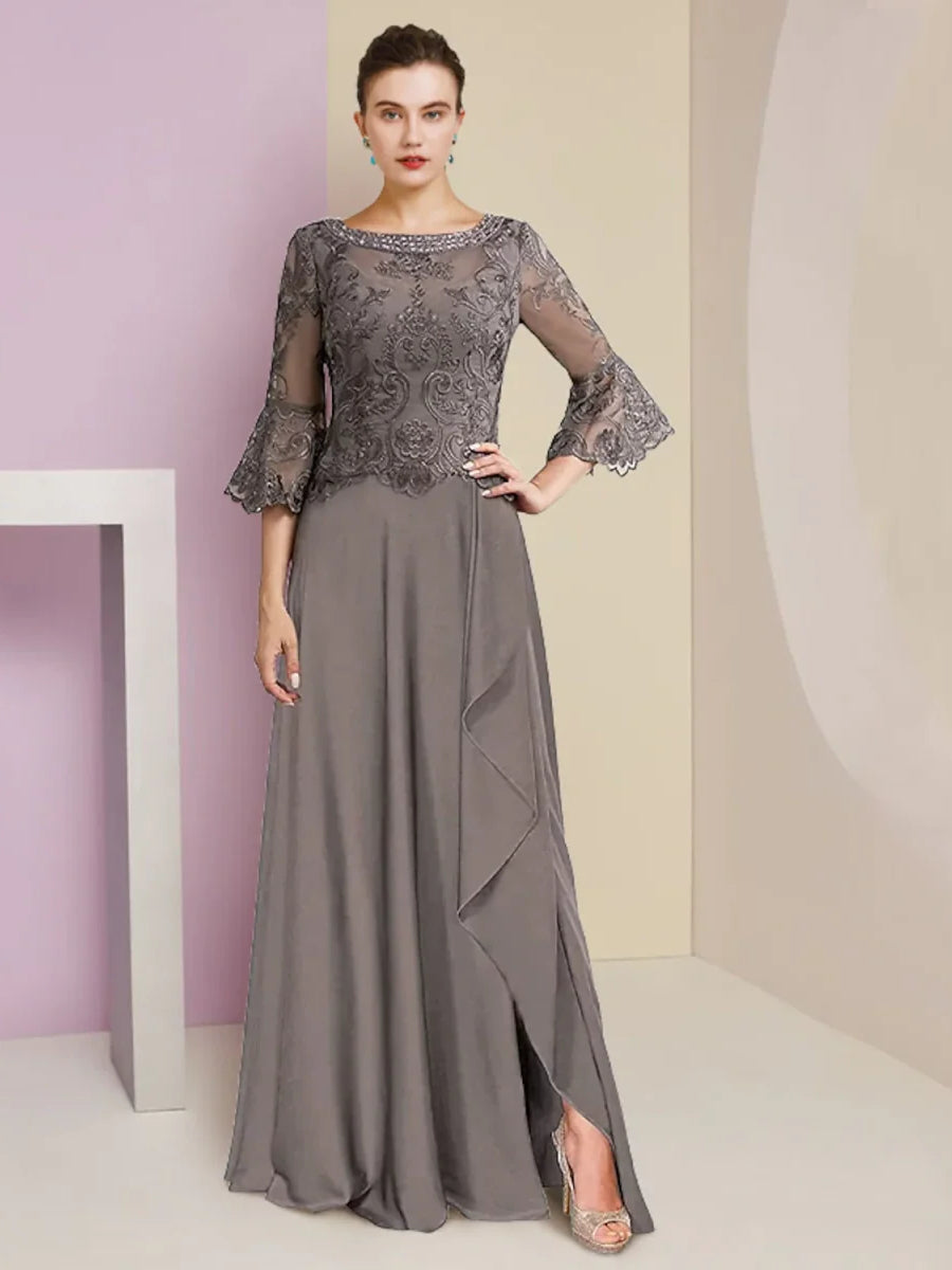 Grey chiffon dress with lace overlay, round neck, bell sleeves, and side slit