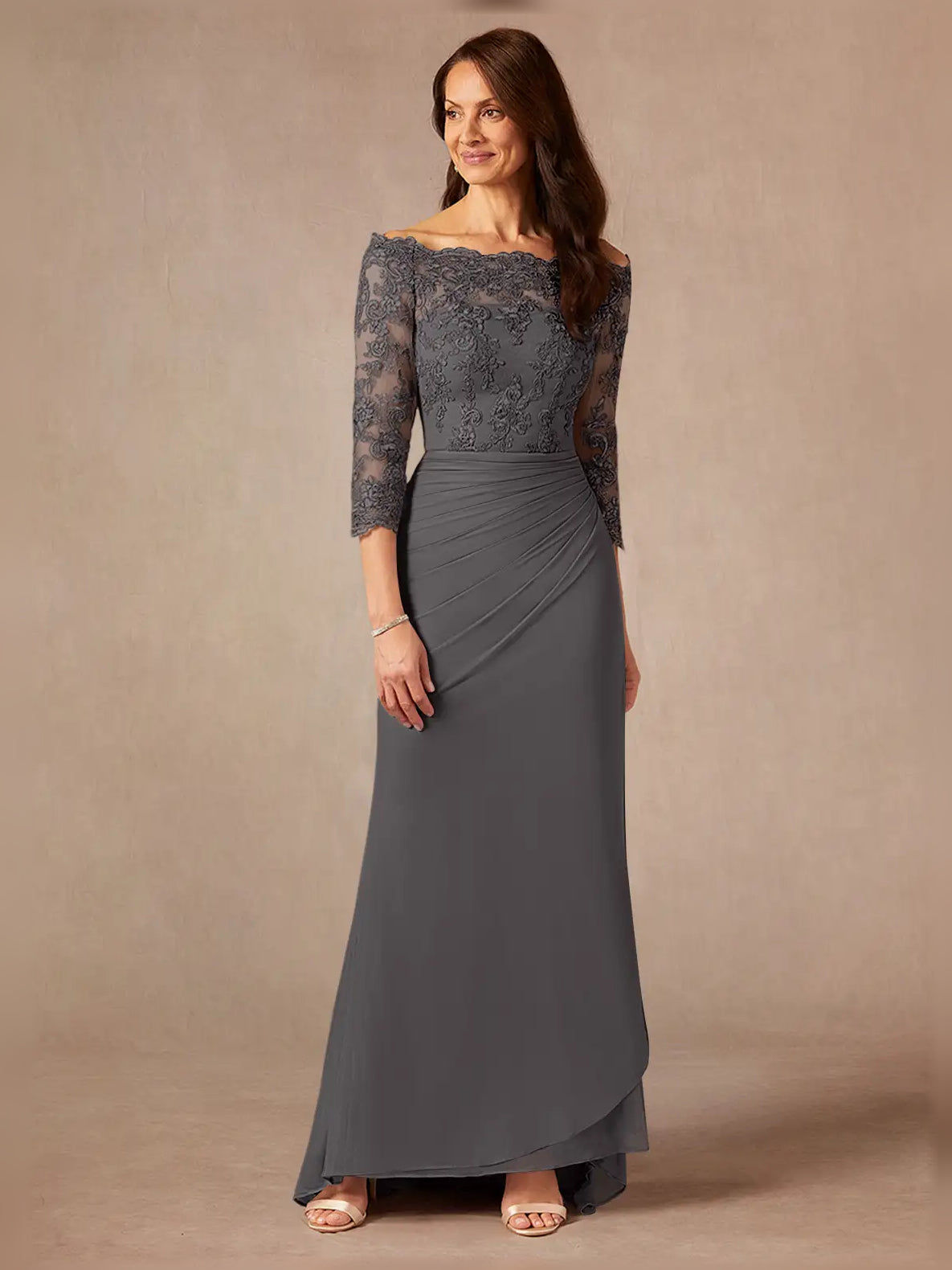 Grey ruched off-shoulder lace sheath maxi dress with 3/4 sleeves