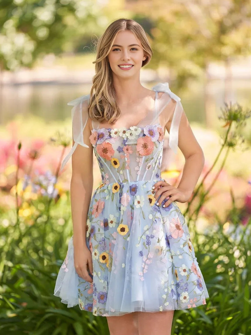 Light blue floral corset-style square-neck mini tulle A-line homecoming dress