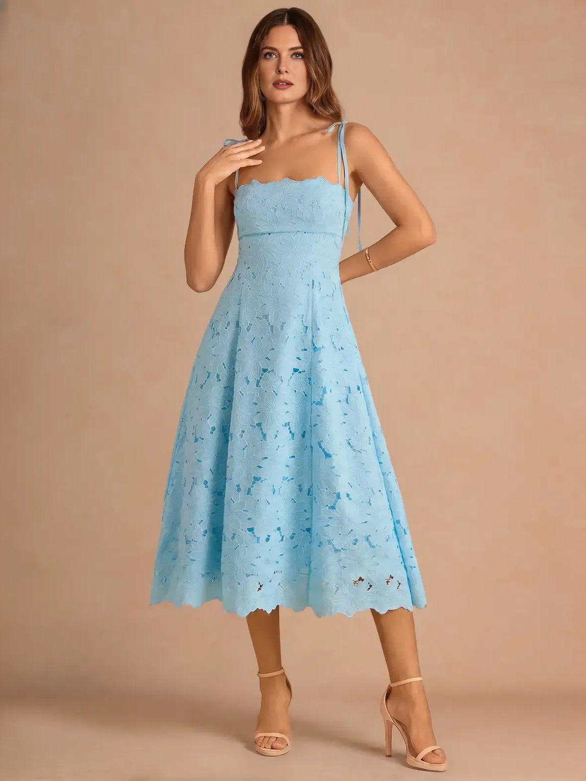 Light blue floral A-line midi dress with straight neckline and fitted corset bodice