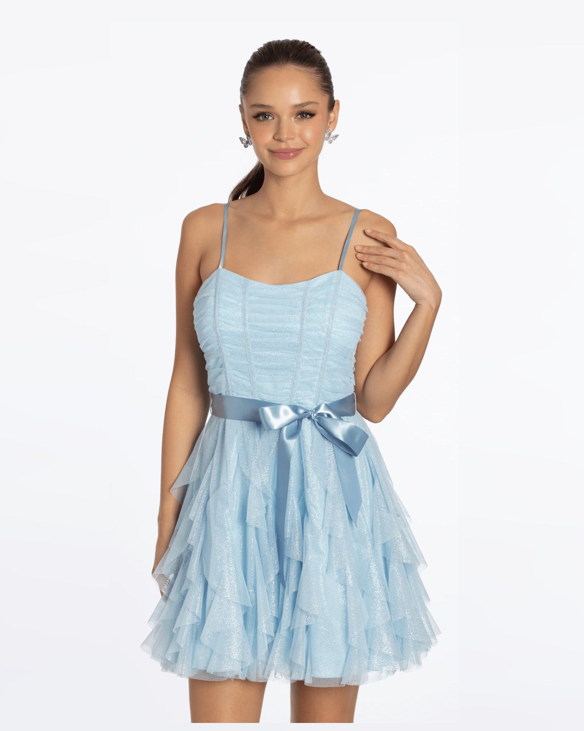Light blue spaghetti-strap fit-and-flare homecoming dress with tiered ruffles and waist tie