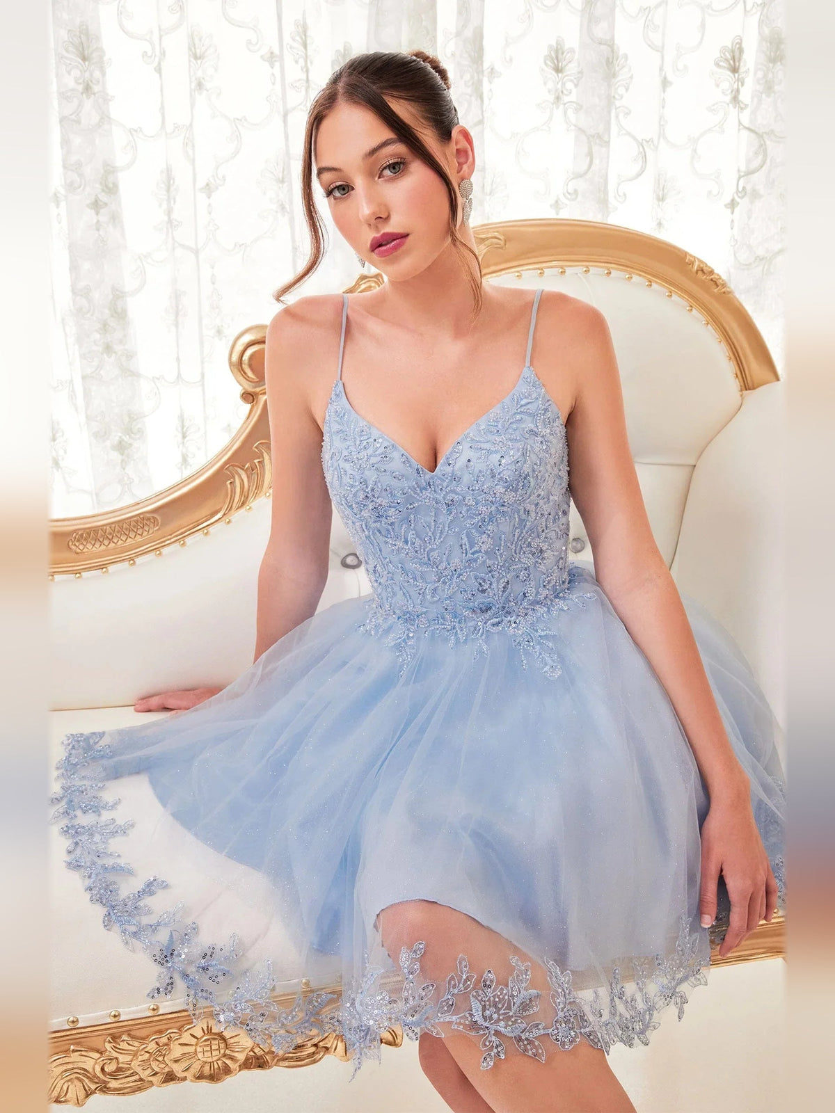 Layered beaded V-neck A-line short tulle homecoming dress, light blue, V-neck bodice with beading