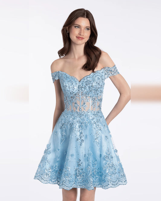 Light blue off-shoulder fit-and-flare dress, lace bodice and flared skirt