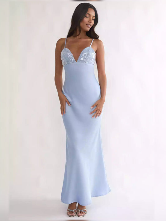 Light blue V-neck spaghetti strap formal dress with lace-sequin bust, floor-length