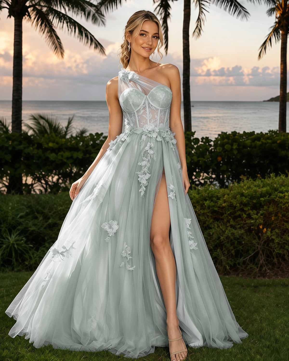 One-shoulder tulle prom dress with floral appliques and high slit, light blue
