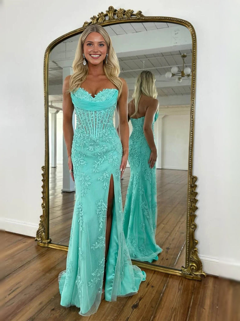 Mint green sweetheart mermaid prom dress with side slit, floor-length sequin bodice