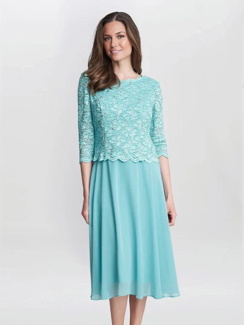Mint green sequin A-line midi chiffon mother-of-the-bride dress, front view
