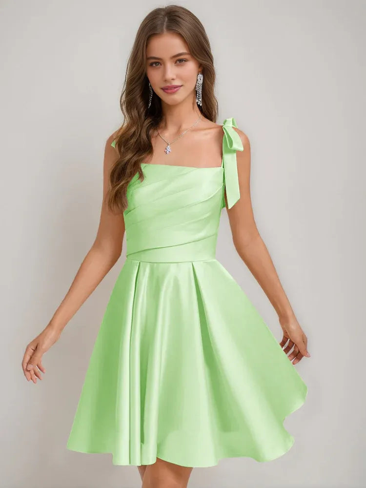 Mint green satin corset square-neck A-line short dress with side bow strap
