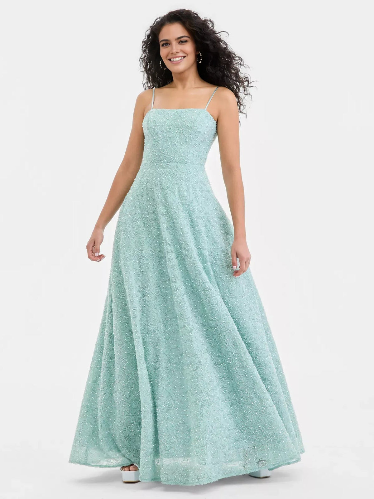 Mint green beaded square-neck A-line maxi prom dress, front view