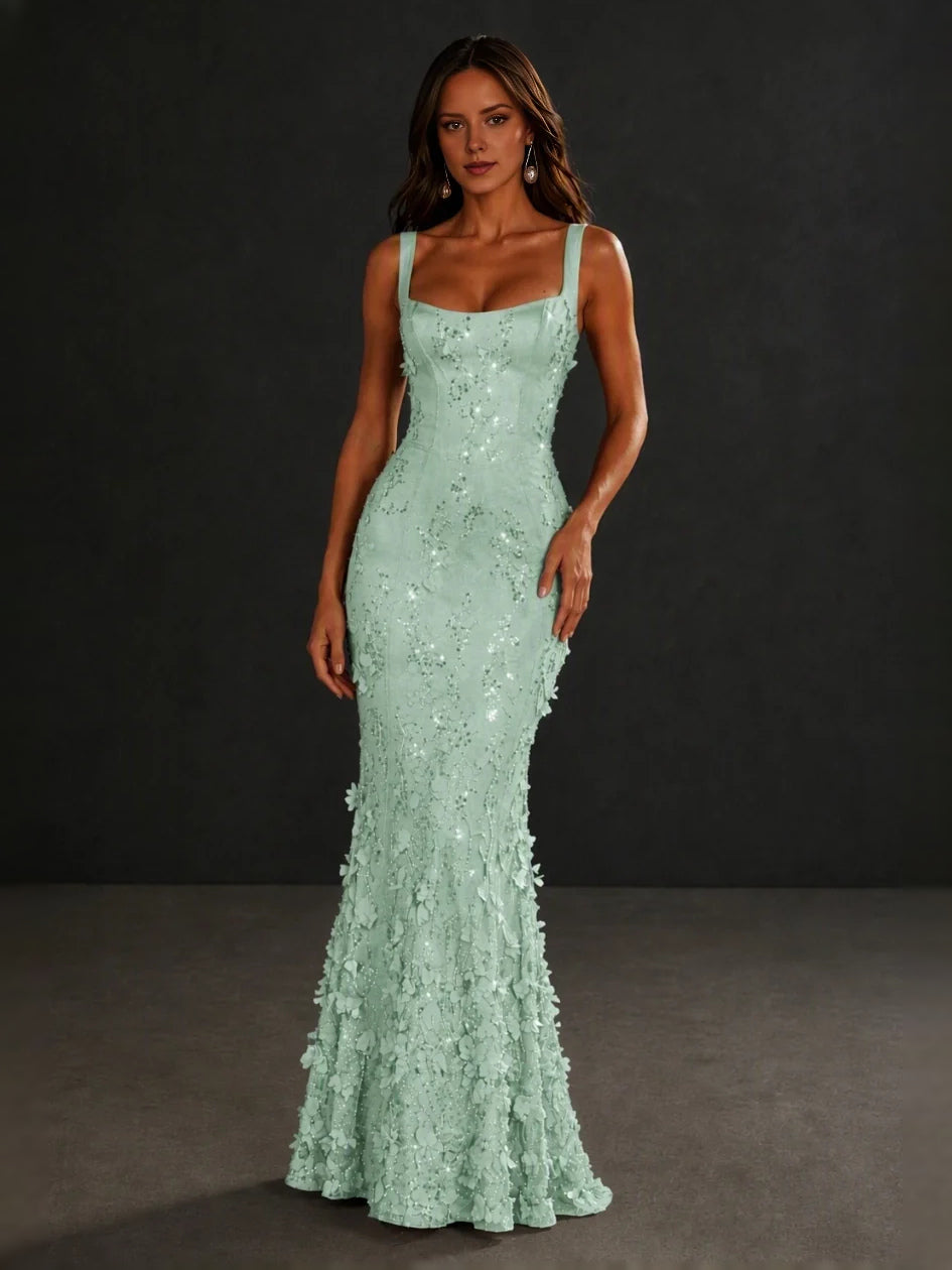 Mint green corset-style mermaid prom dress with square neckline and floral lace applique hem