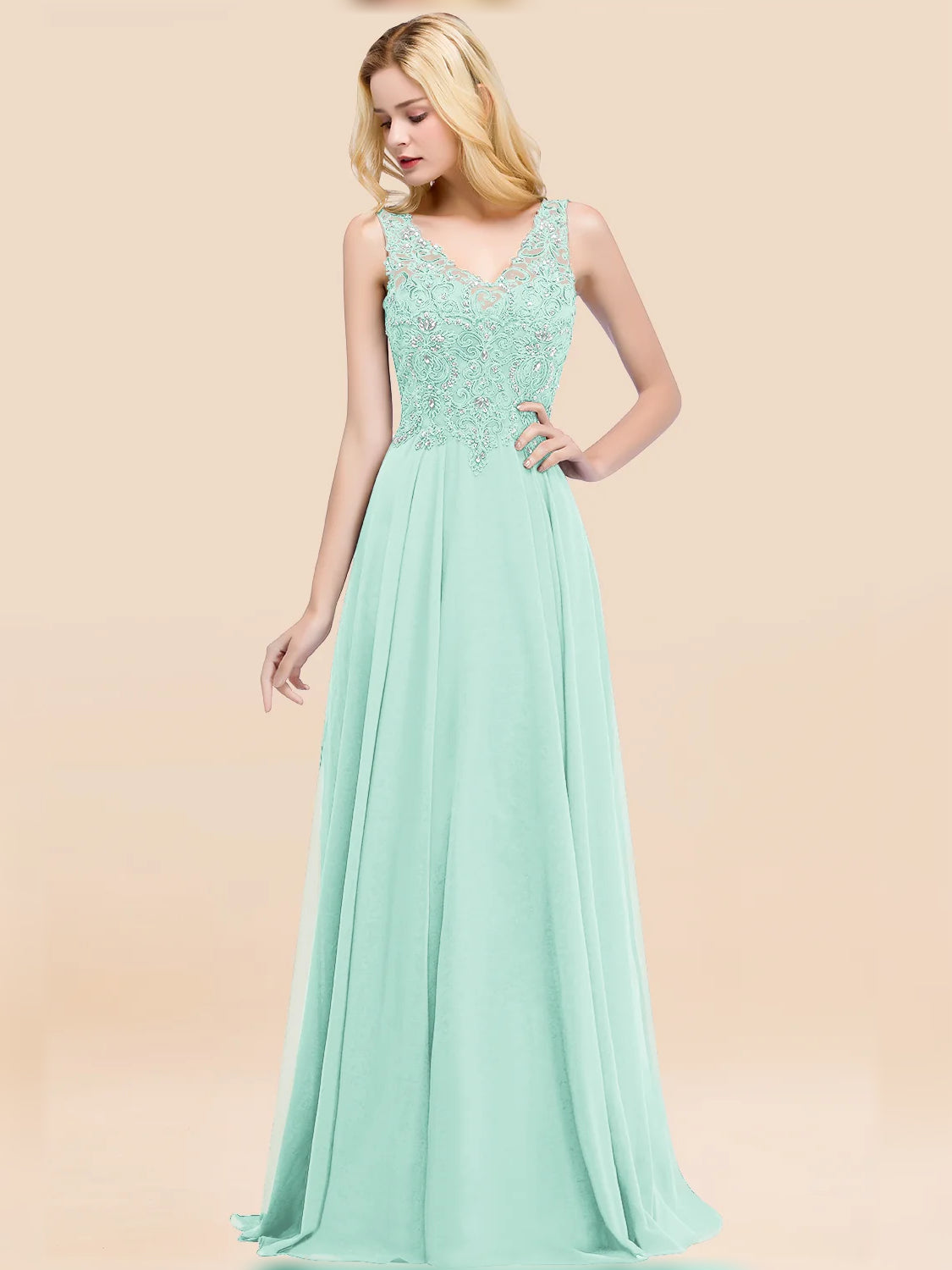 Mint green V-neck A-line chiffon bridesmaid dress with lace bodice, sleeveless
