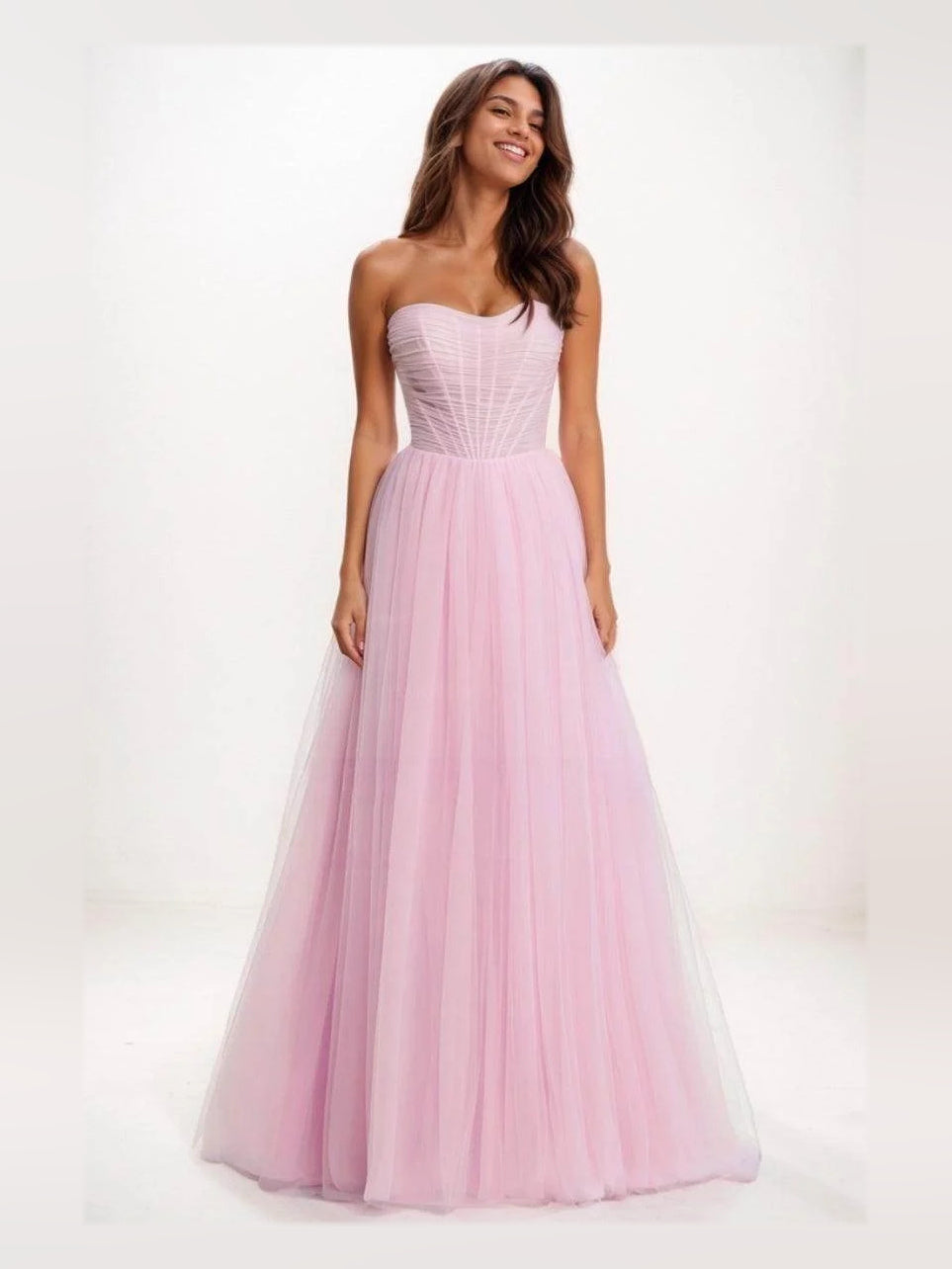 Light pink ruched corset sweetheart maxi tulle A-line prom dress with tiered skirt
