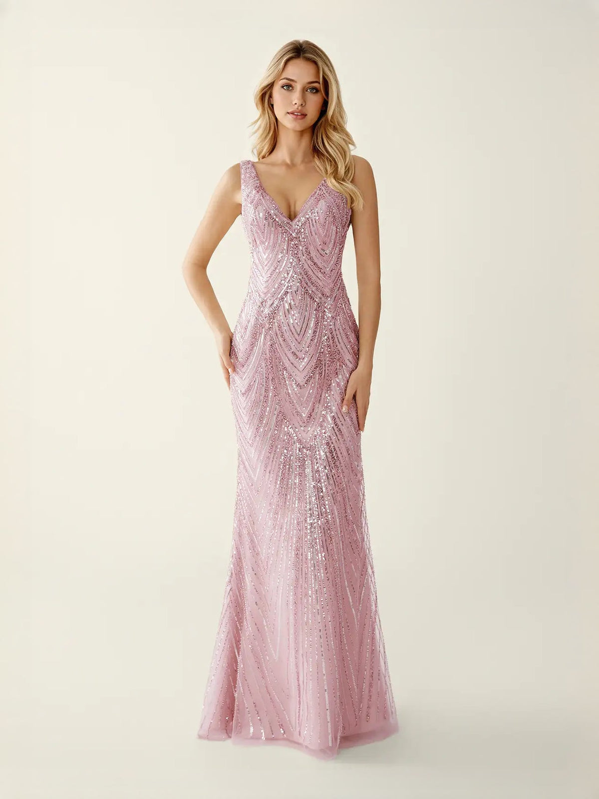 Light pink sequin mermaid maxi prom dress with V-neck and sleeveless bodice