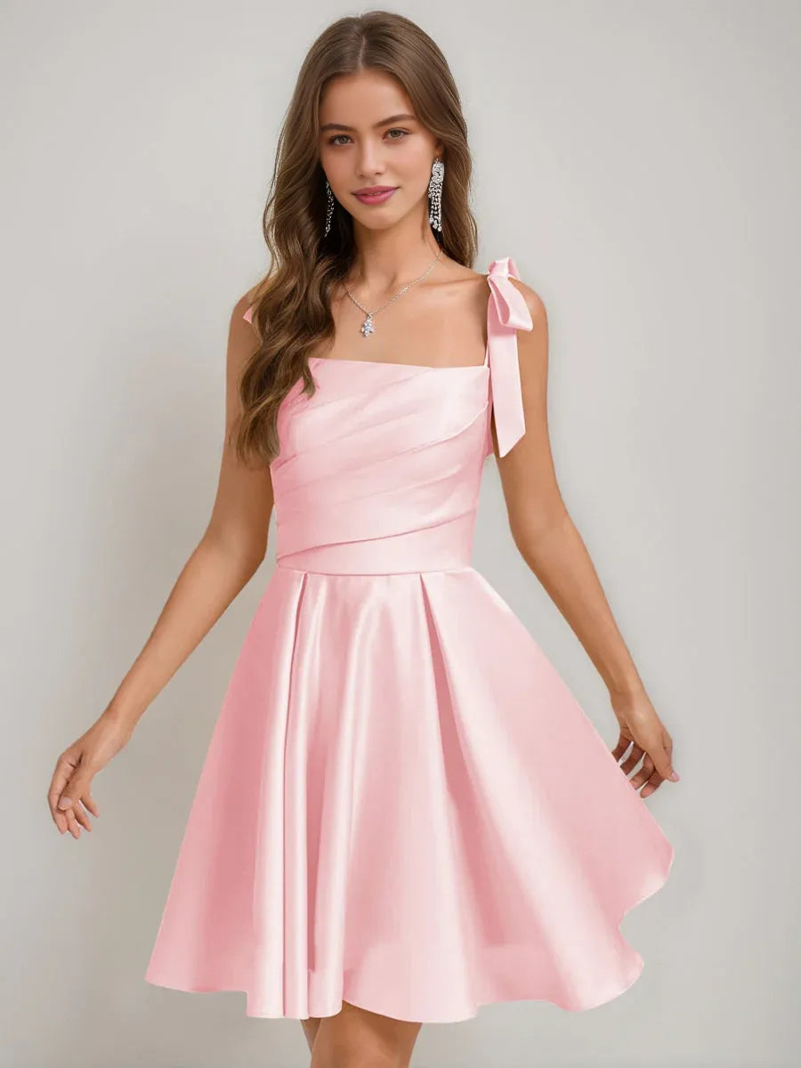 Light pink satin corset square-neck A-line short dress with side bow strap