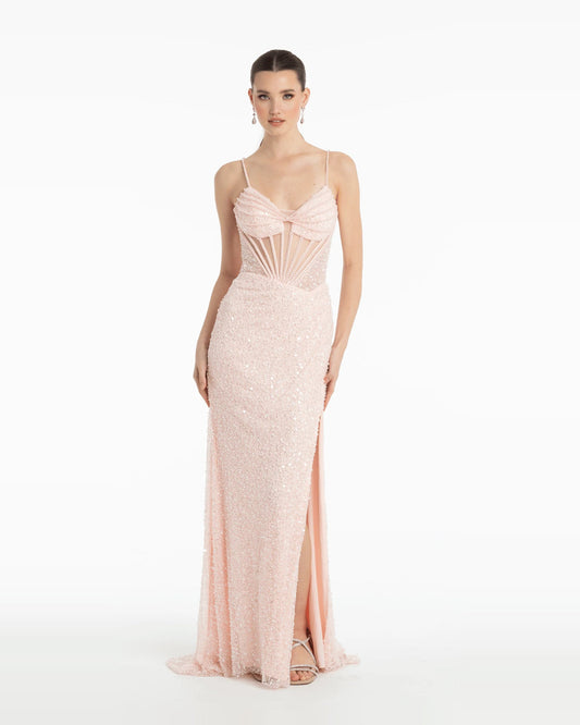 Pink glitter corset sweetheart column gown with spaghetti straps and side slit, full length