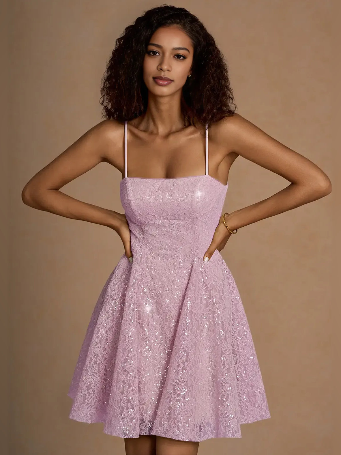 Lilac-pink sequin mini A-line homecoming dress with square neckline and thin straps
