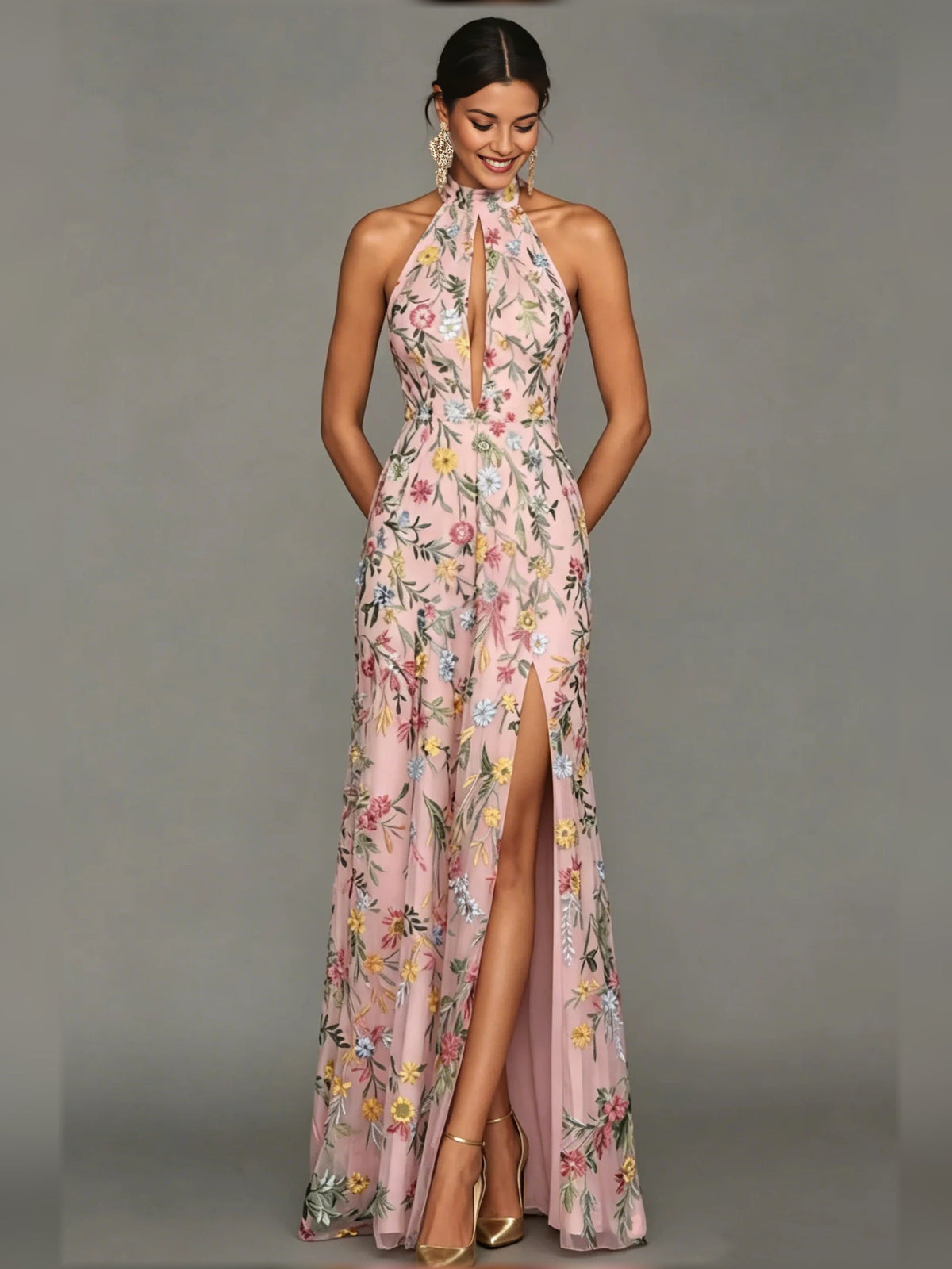 Floral halter-neck formal dress with thigh slit and flowing floor-length skirt