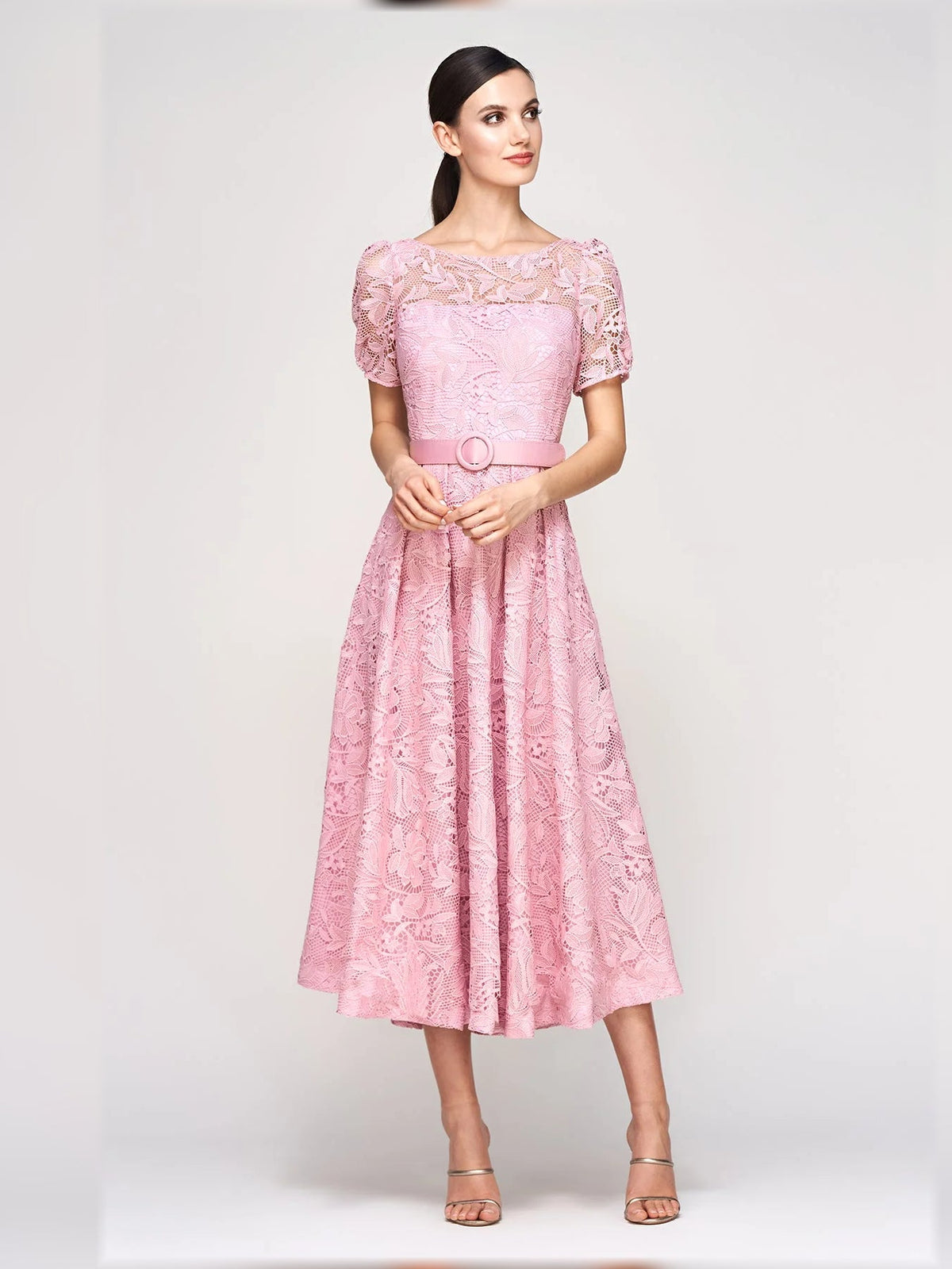 Pink floral lace A-line tea-length dress with short puff sleeves and scoop neckline