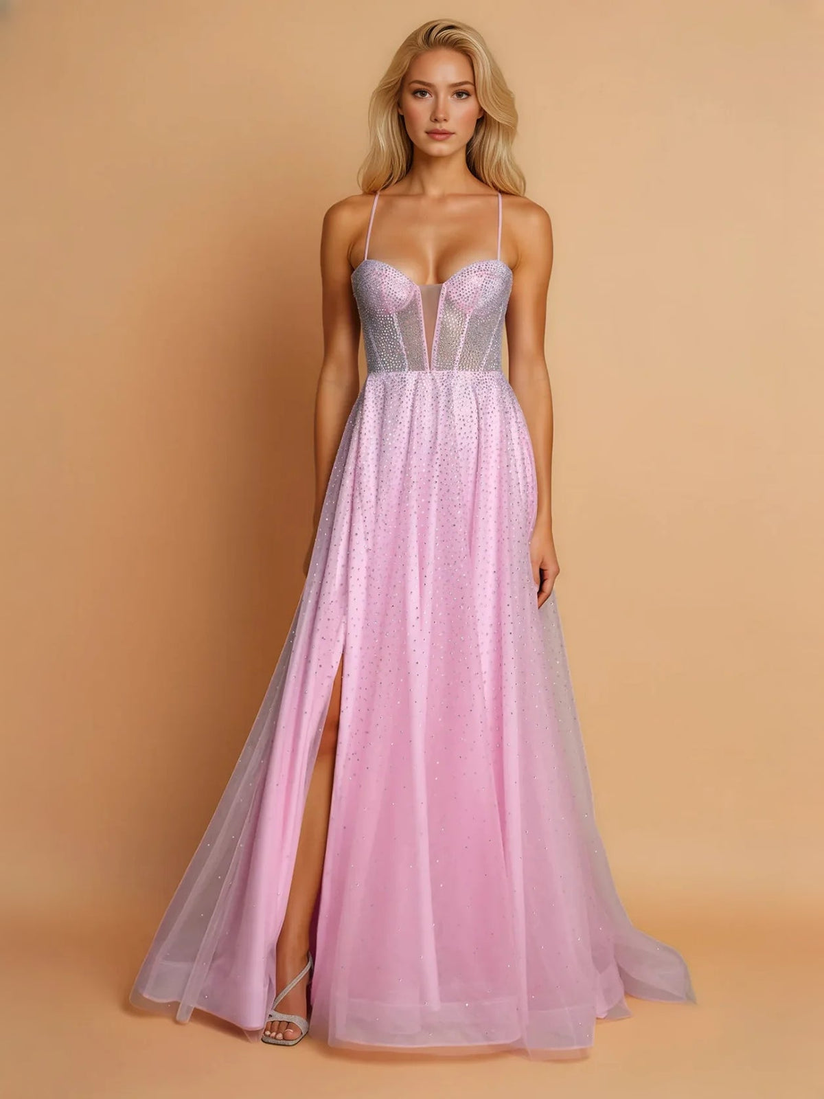 Light pink tulle A-line maxi prom dress with sweetheart corset top and front slit