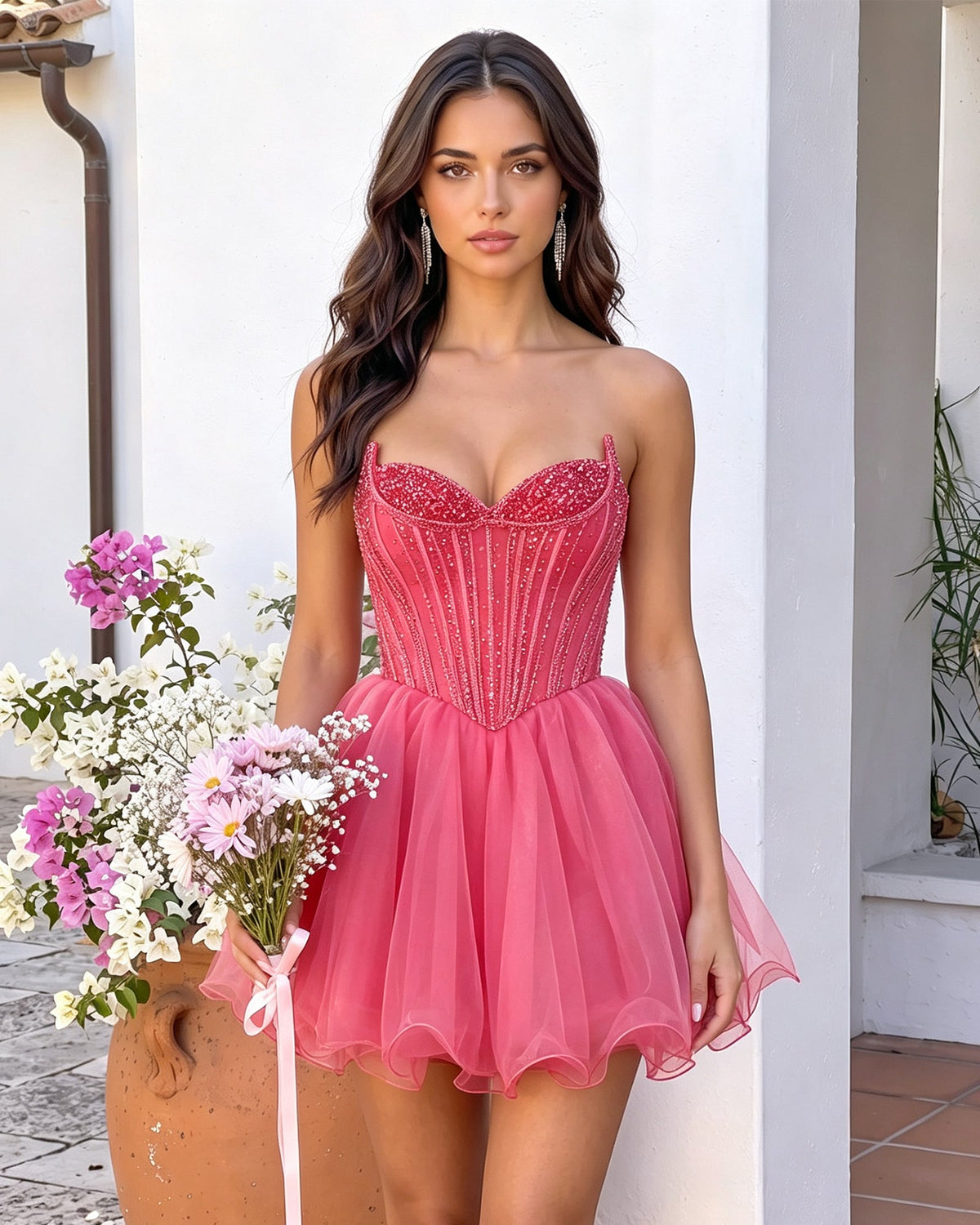 Pink strapless sweetheart beaded corset mini dress with tulle A-line skirt