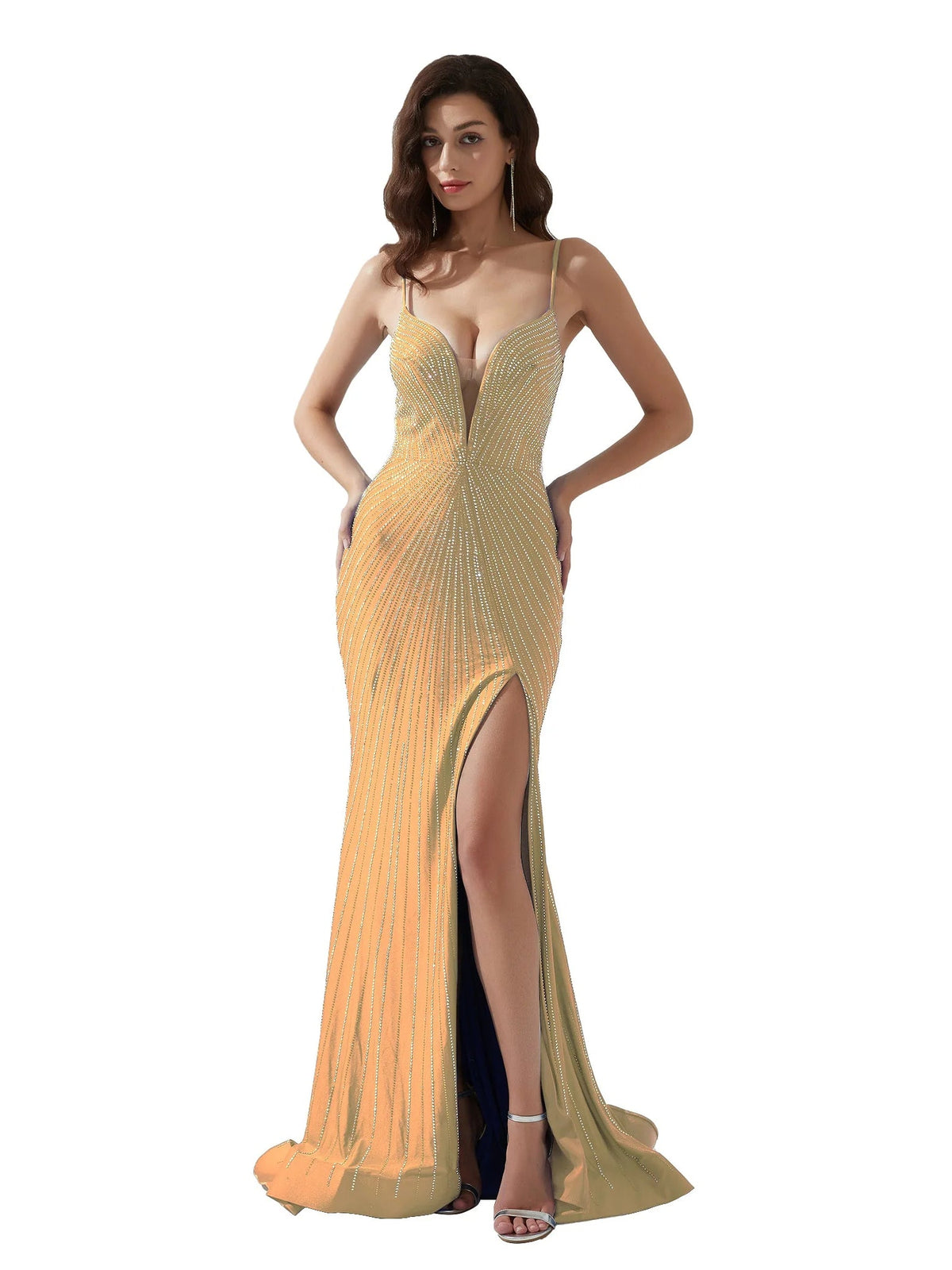 Sequin fishtail formal dress with V-neck and spaghetti straps, high slit, gold
