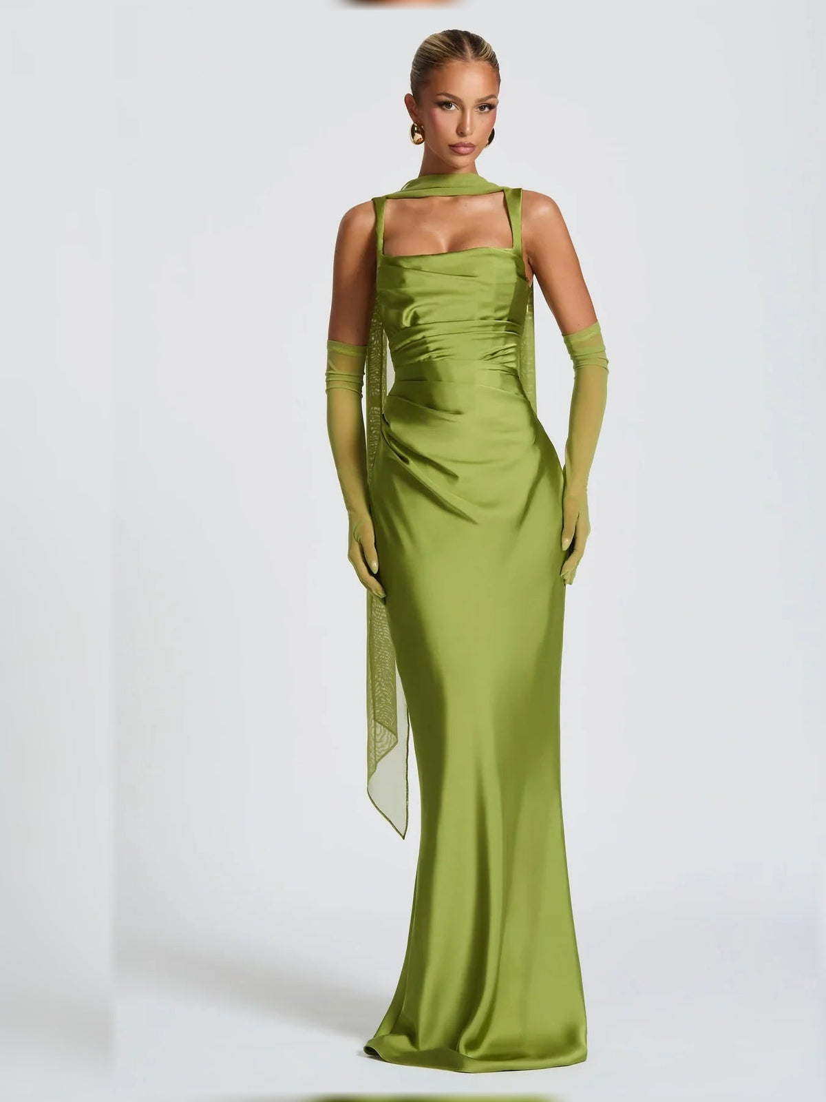 Olive green square-neck corset dress with ruching, sleeveless, floor-length, sheer sleeves