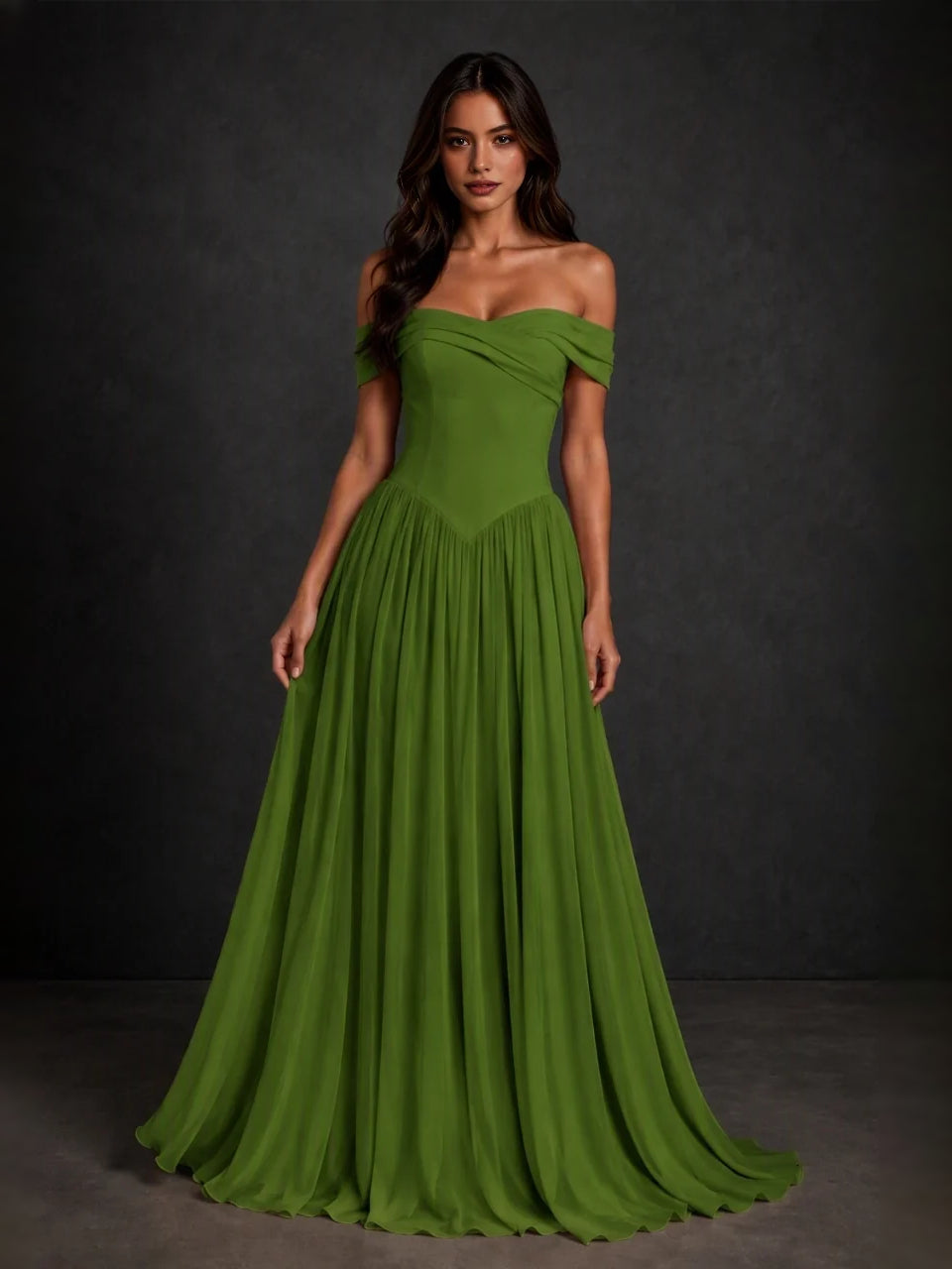 Corset sweetheart A-line floor-length dress in sage green with gathered waist