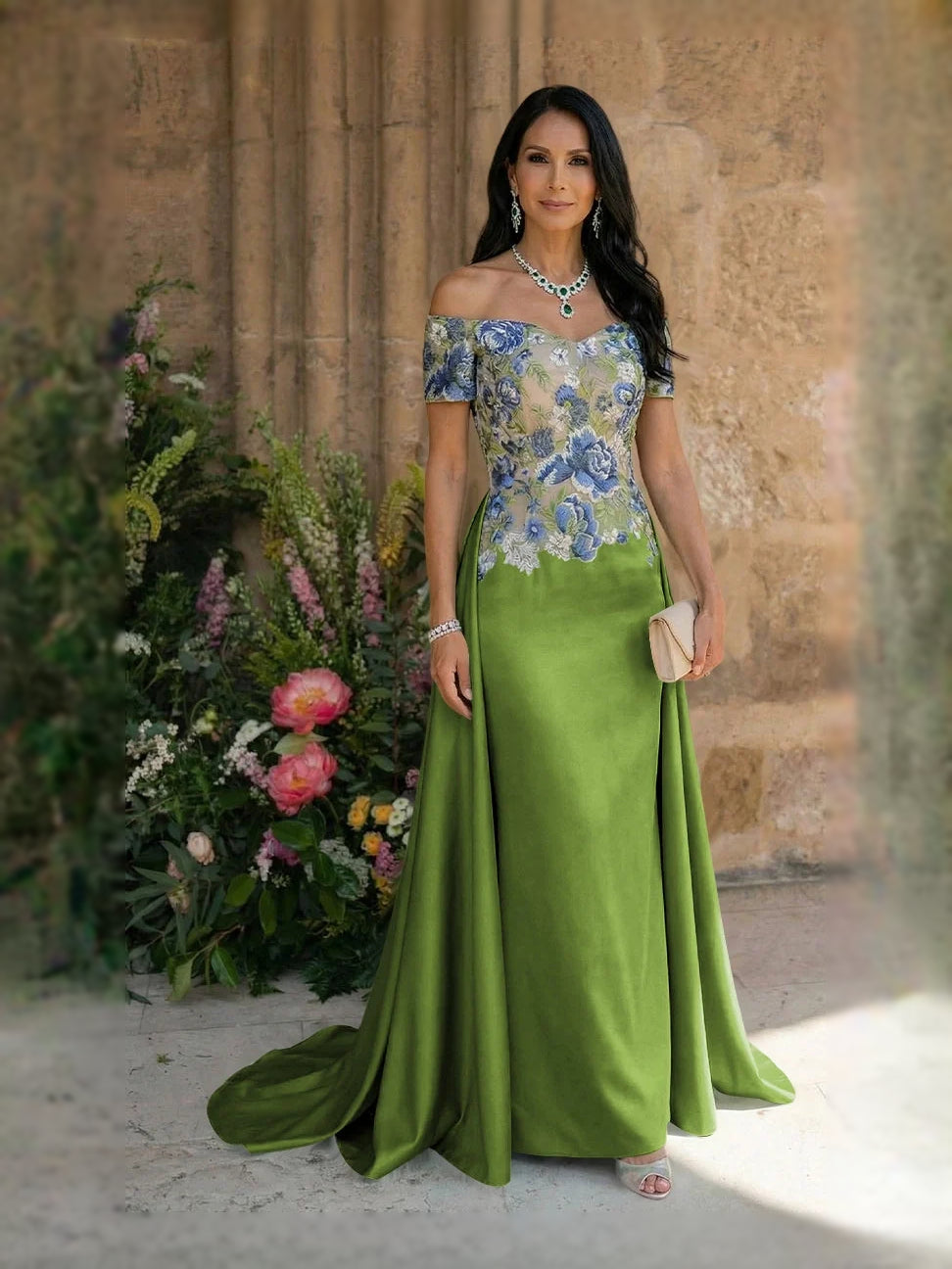Olive green satin sheath dress with blue embroidered floral bodice and sweetheart neckline