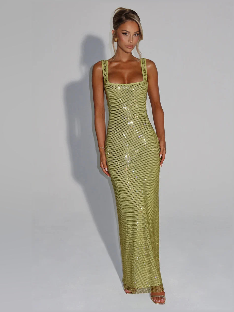 Olive green sequin mermaid formal dress with square neckline and spaghetti straps