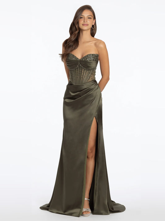 Olive green strapless satin mermaid dress with beaded bodice, draped front, slit