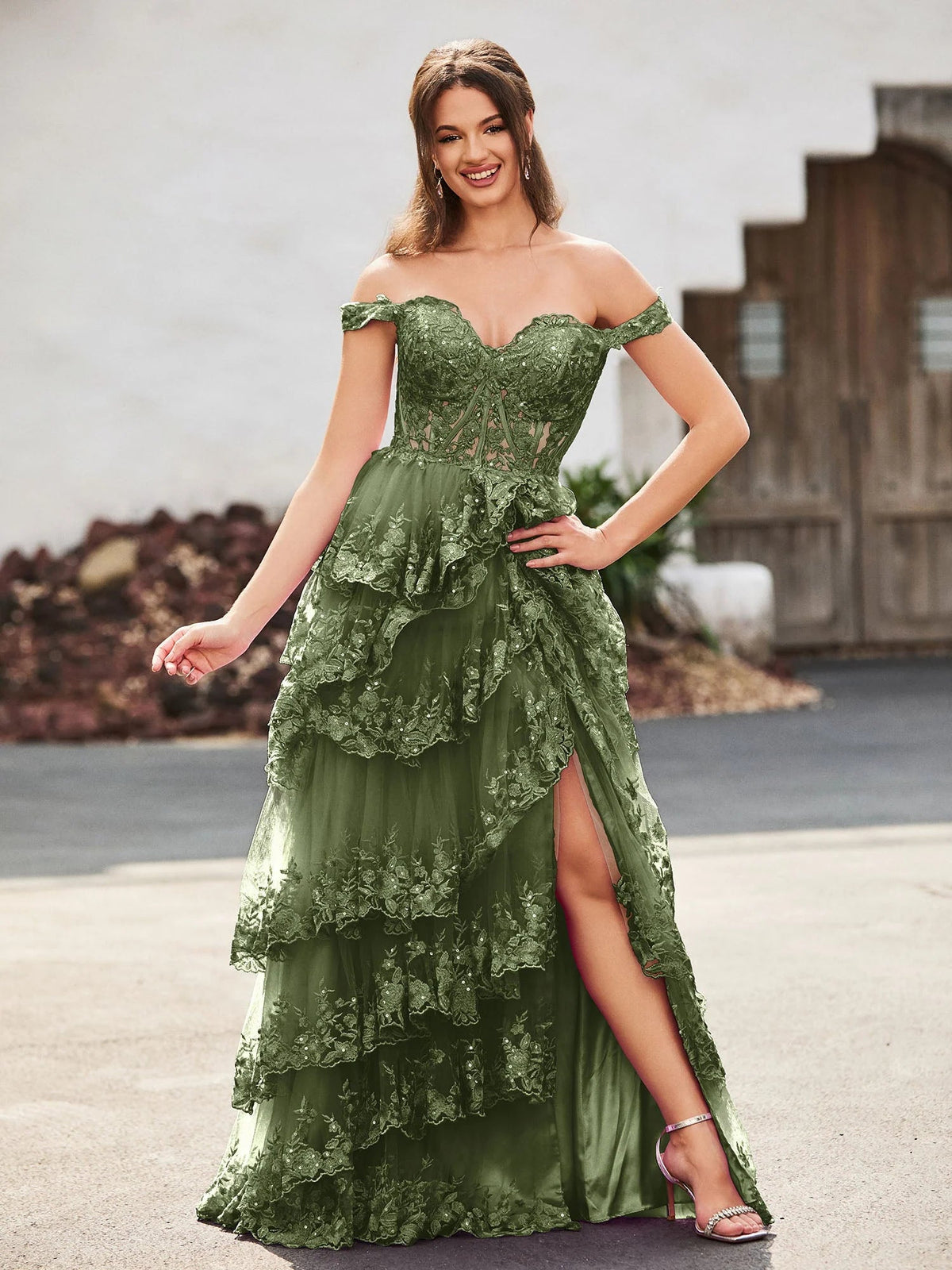 Dark green off-shoulder sweetheart corset prom dress with tiered ruffles and front slit