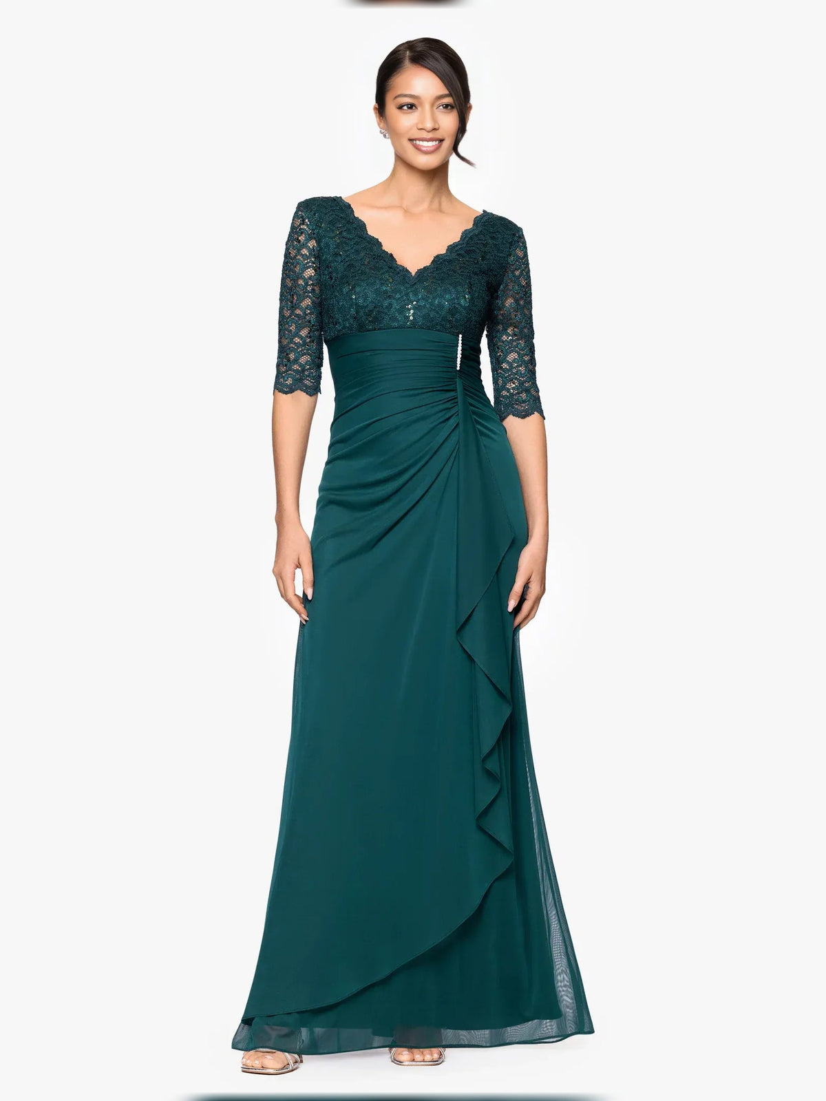 Peacock green V-neck jersey A-line gown with ruched waist and lace elbow sleeves, full length