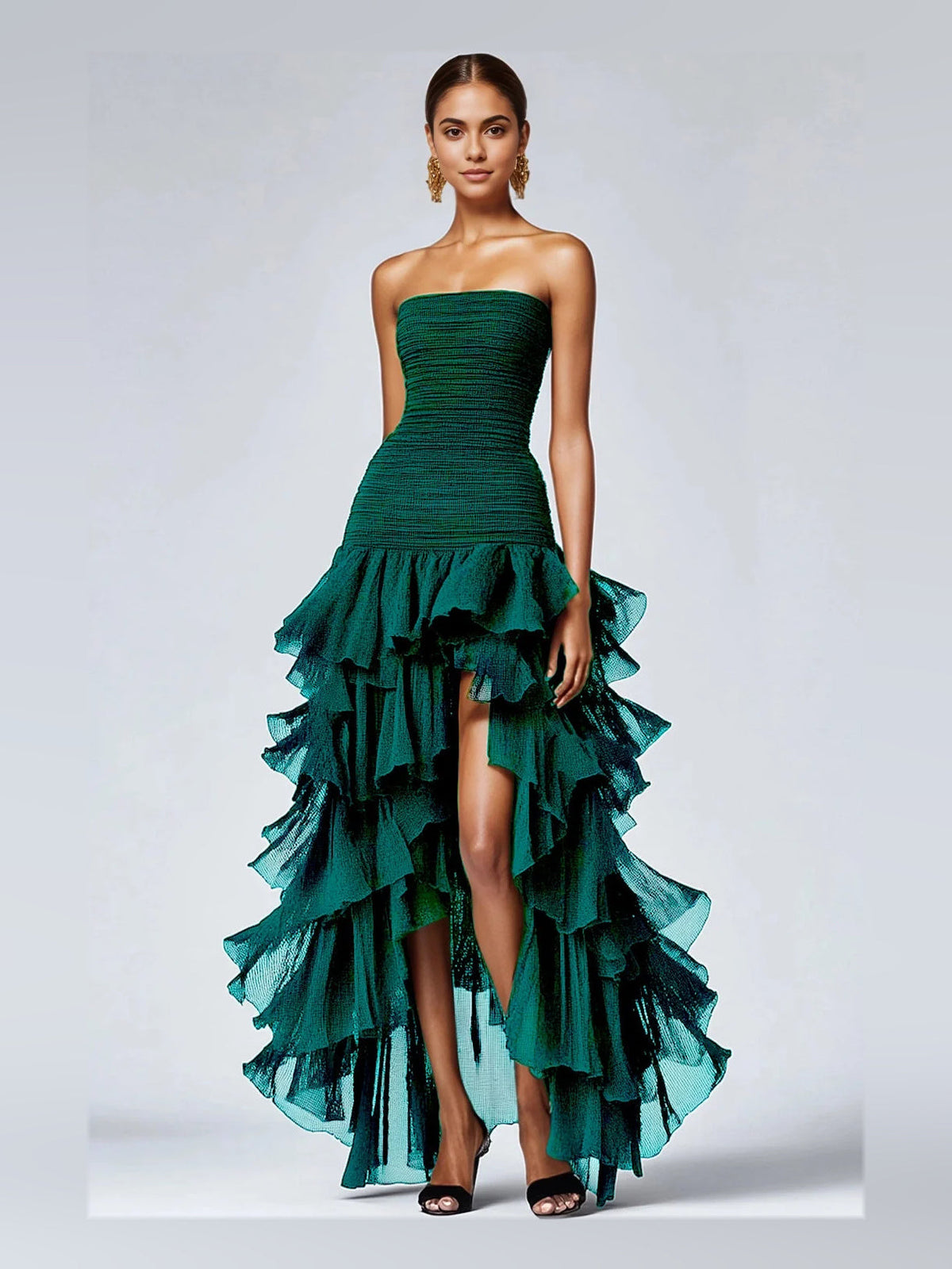 Peacock green strapless prom dress with ruched bodice and tiered ruffle skirt