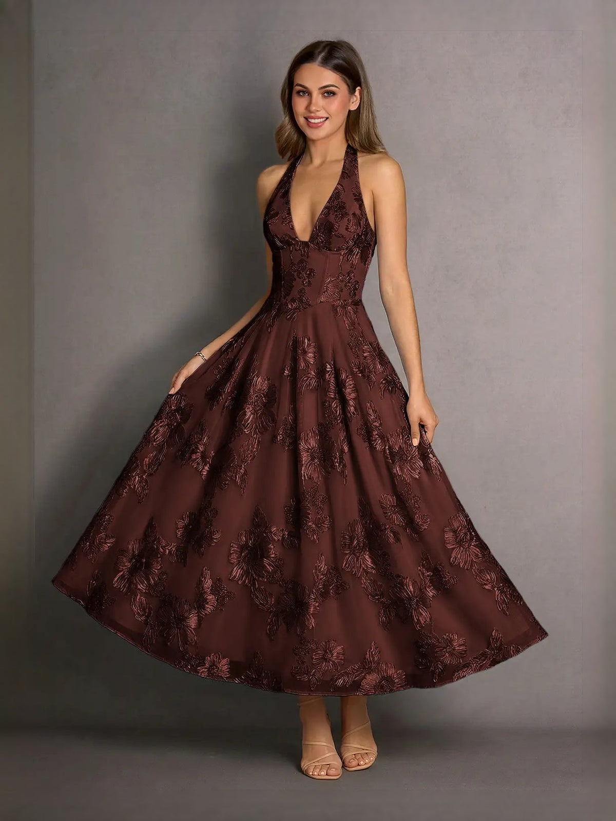 Burgundy floral lace halter neck A-line midi prom dress with full flared skirt