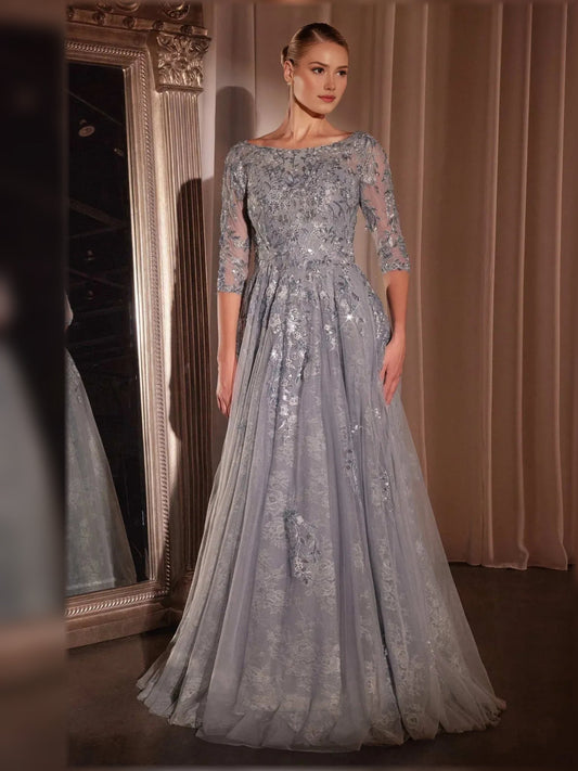 Silver beaded A-line lace formal dress, 3/4 sleeves, lace overlay, floor-length