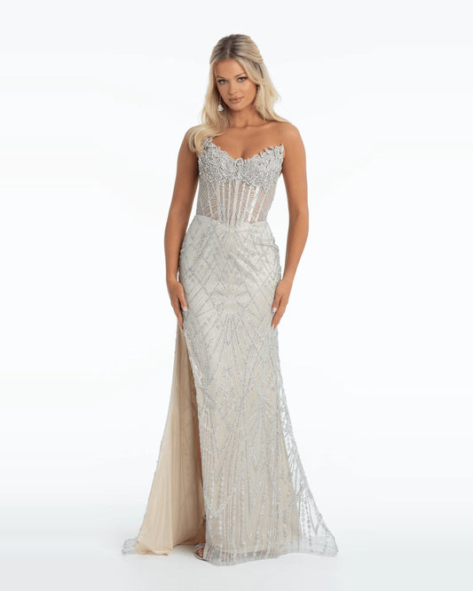 Silver strapless corset maxi with beaded sweetheart bodice and side slit column skirt