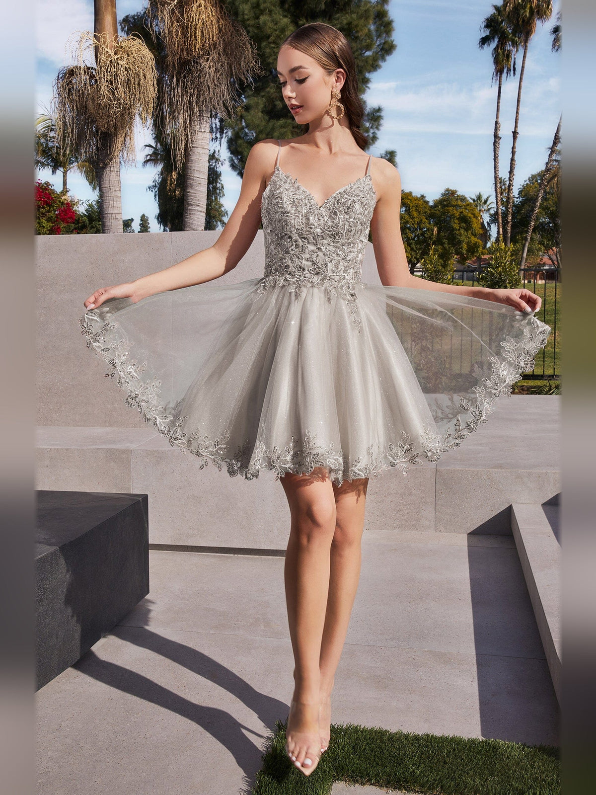 Silver beaded V-neck A-line short tulle dress with layered flared skirt and spaghetti straps