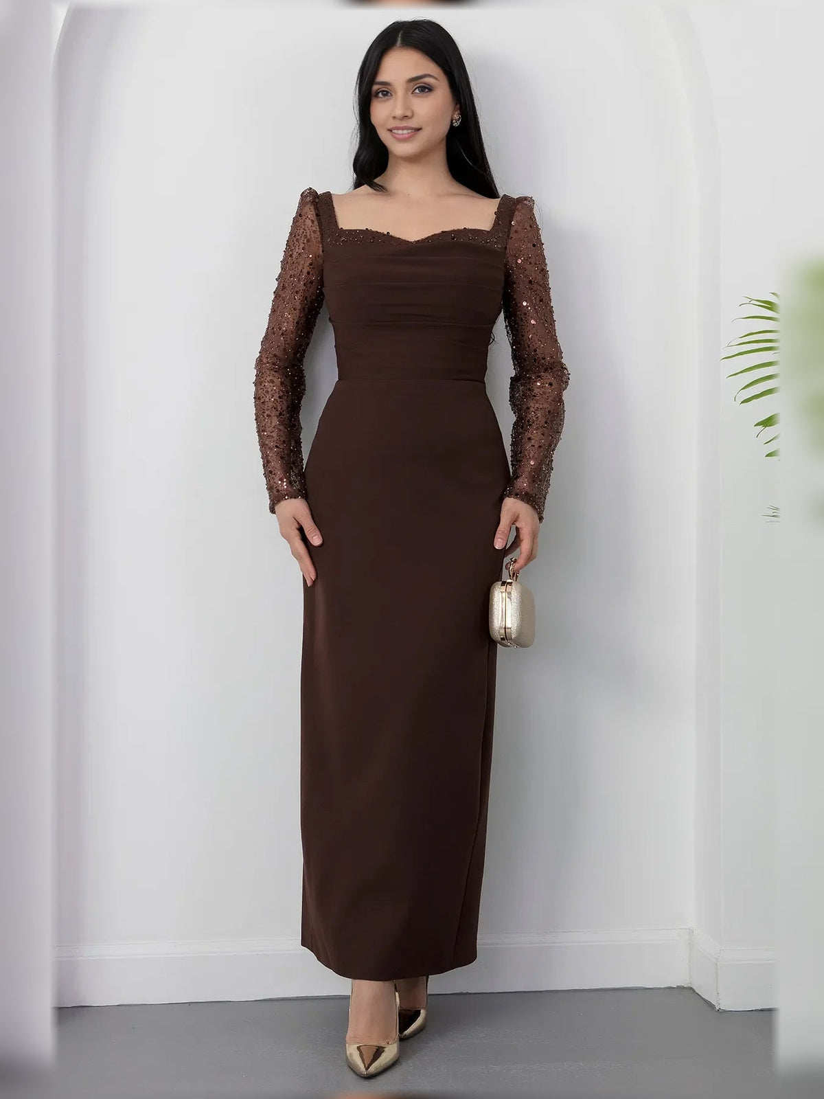 Ruched square-neck formal dress with lace long sleeves, espresso floor-length