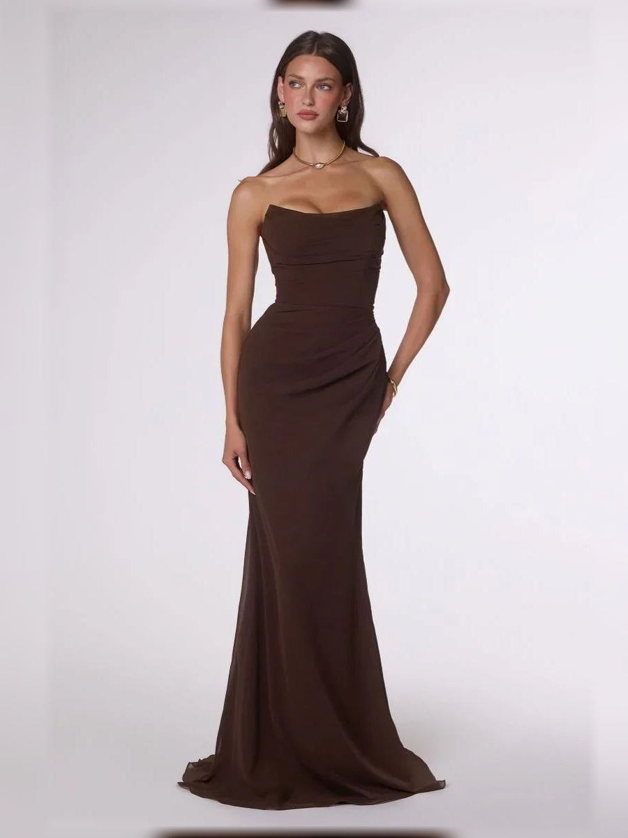 Strapless ruched floor-length formal dress in espresso brown with fitted silhouette
