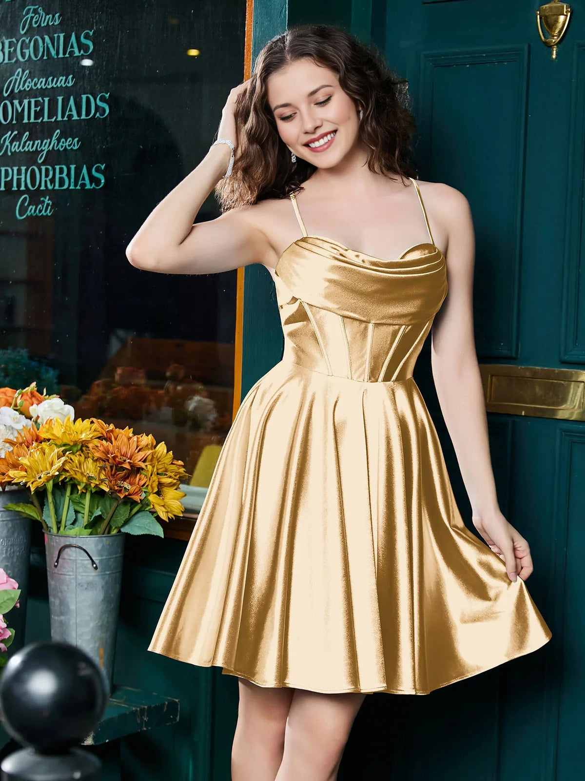 Champagne satin A-line mini dress with corset bodice, cowl neckline, thin spaghetti straps