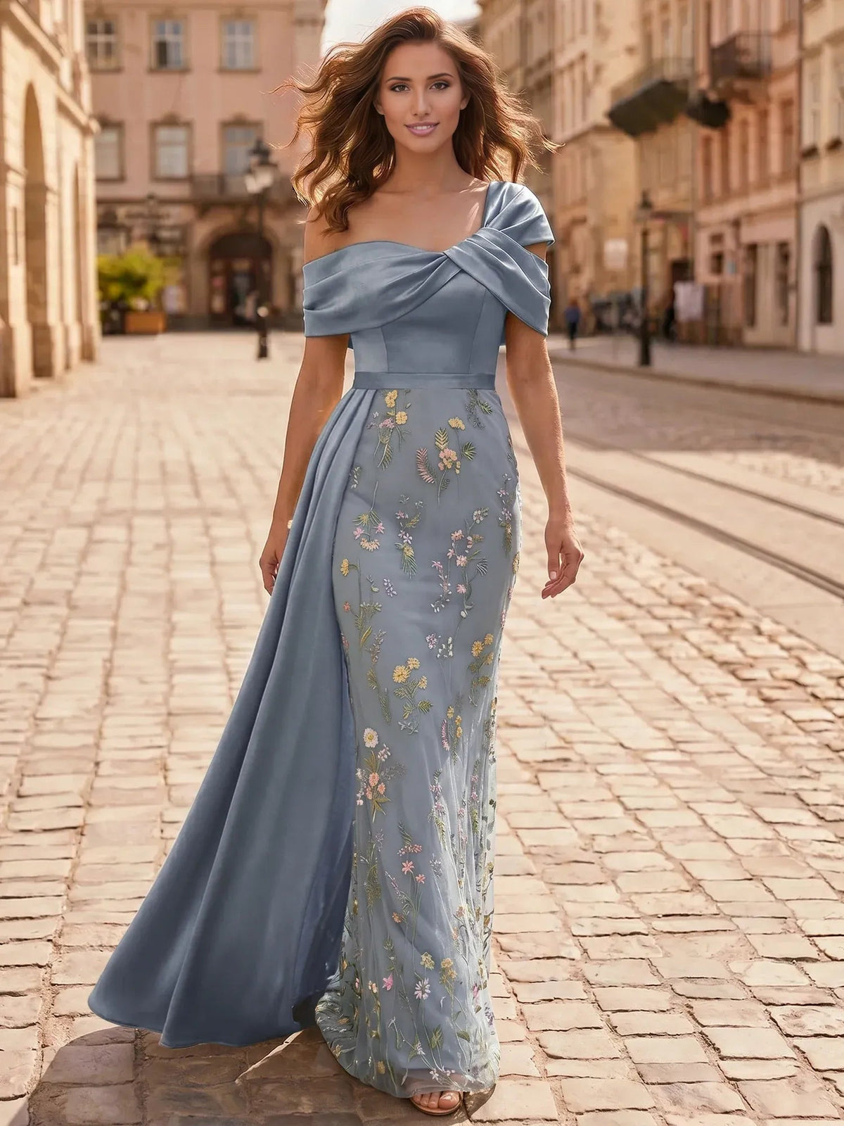 Light blue off-the-shoulder mermaid gown with floral print and flared floor-length skirt