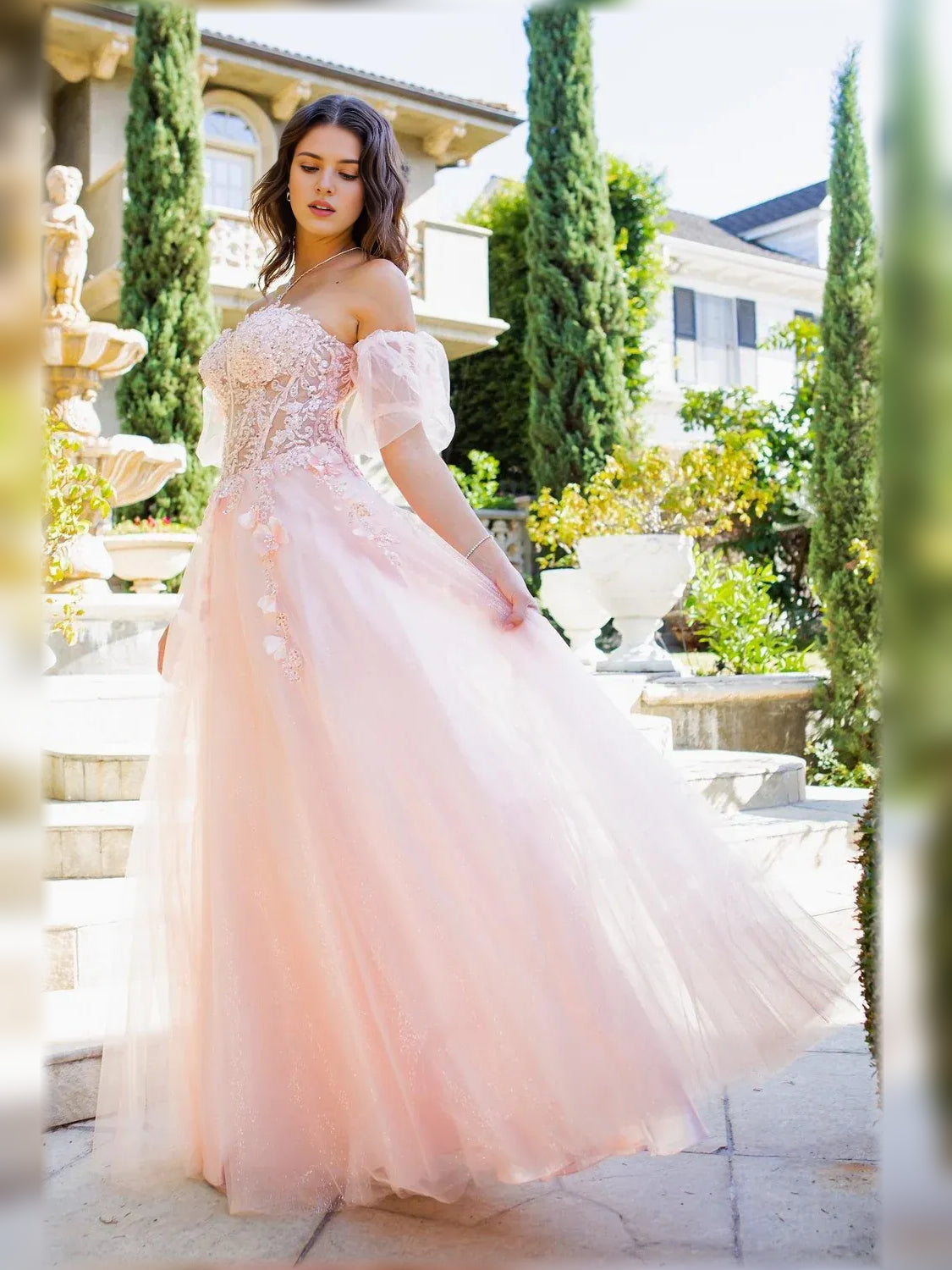 Blush pink floral off-the-shoulder puff-sleeve floor-length formal dress