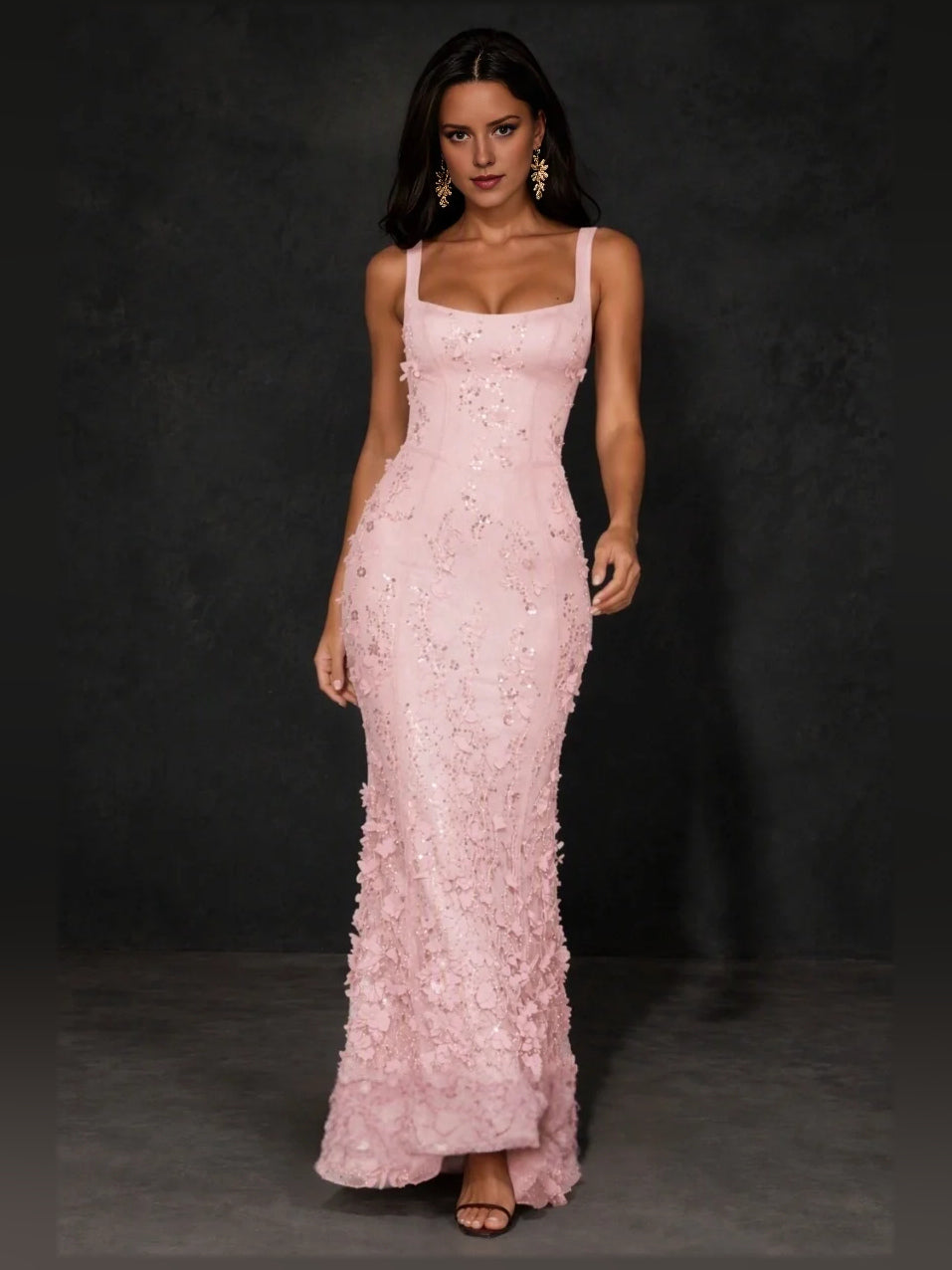 Blush pink floral square-neck corset mermaid prom dress with thin straps and lace applique