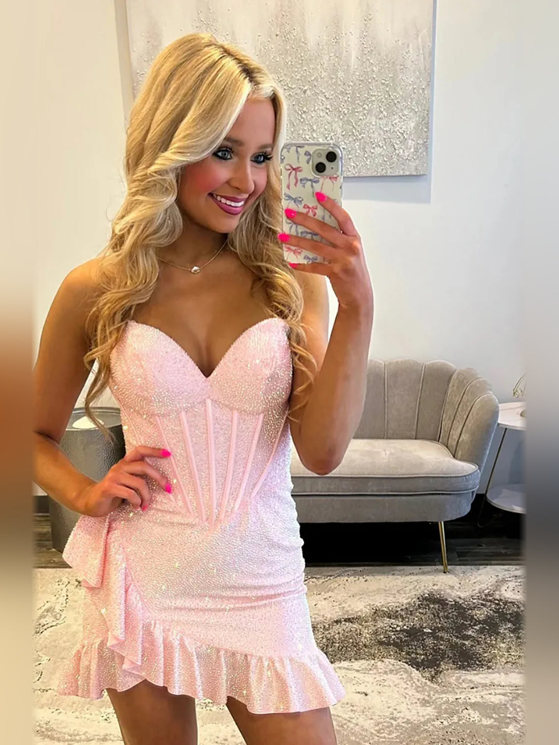 Light pink glitter sweetheart corset mini dress with layered ruffle skirt