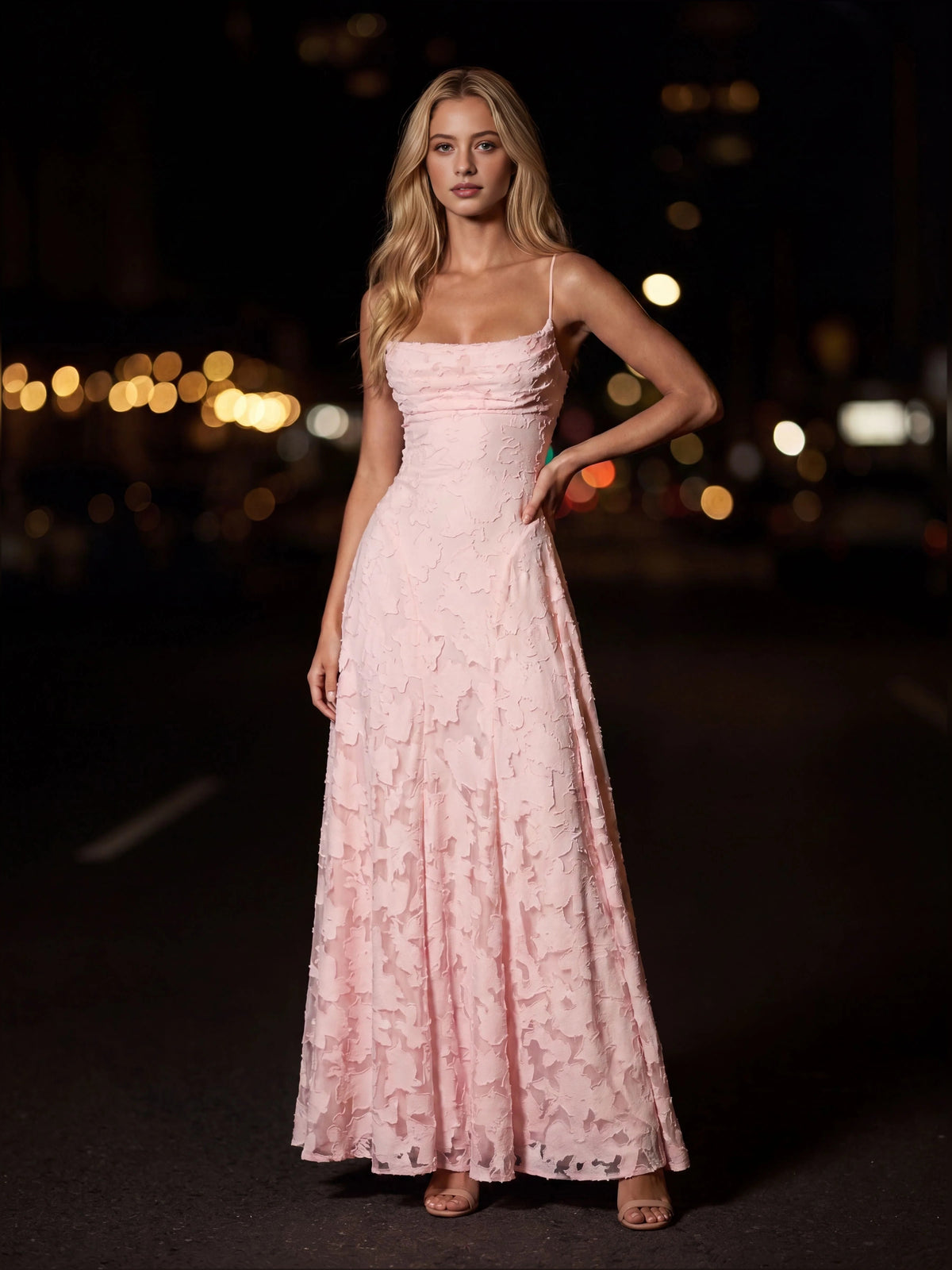 Floral straight-neck A-line maxi dress, blush pink, front view