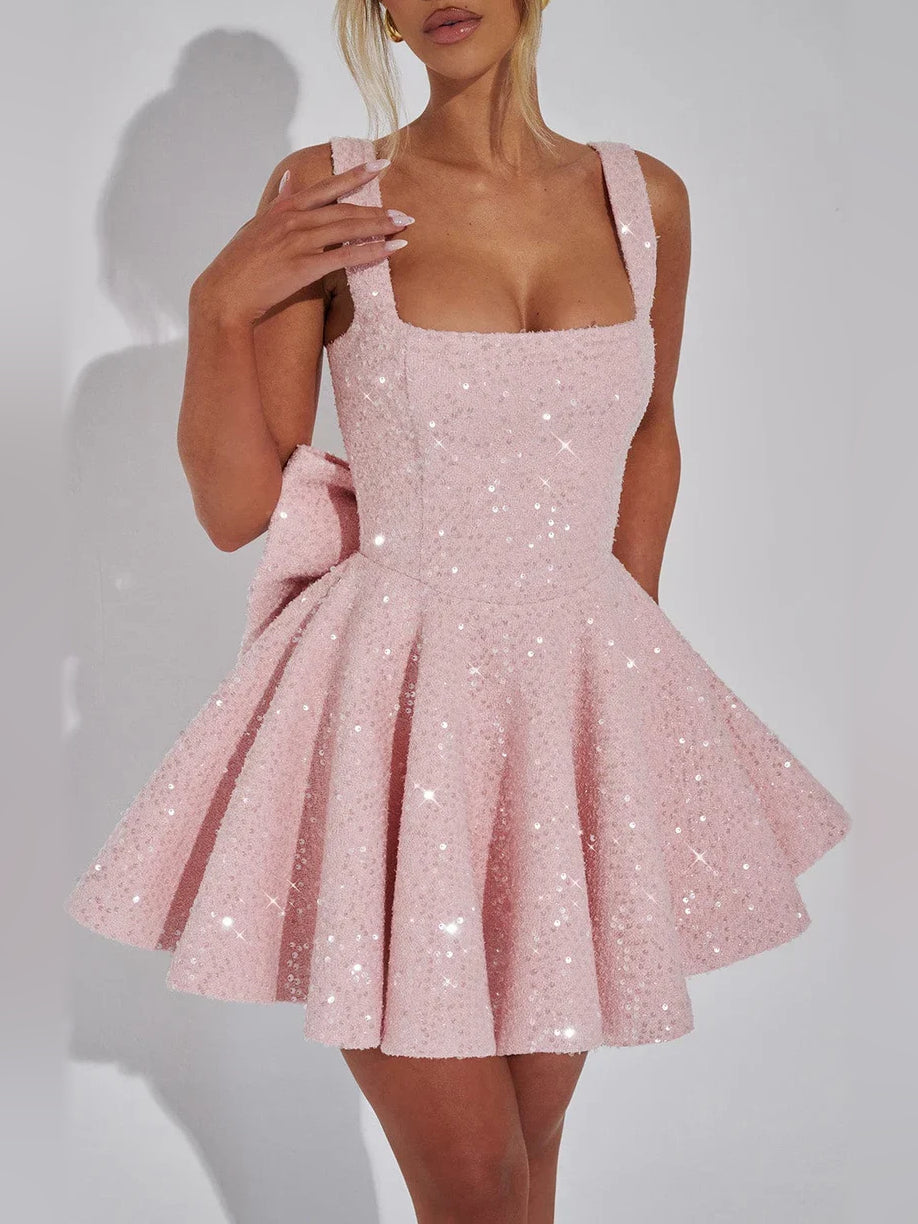Blush pink sequin square-neck mini dress with full pleated A-line skirt