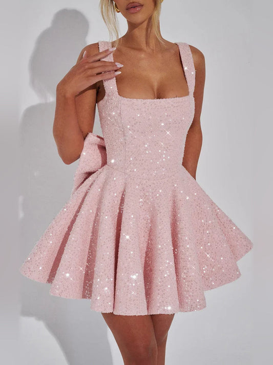 Blush pink sequin square-neck mini dress with full pleated A-line skirt