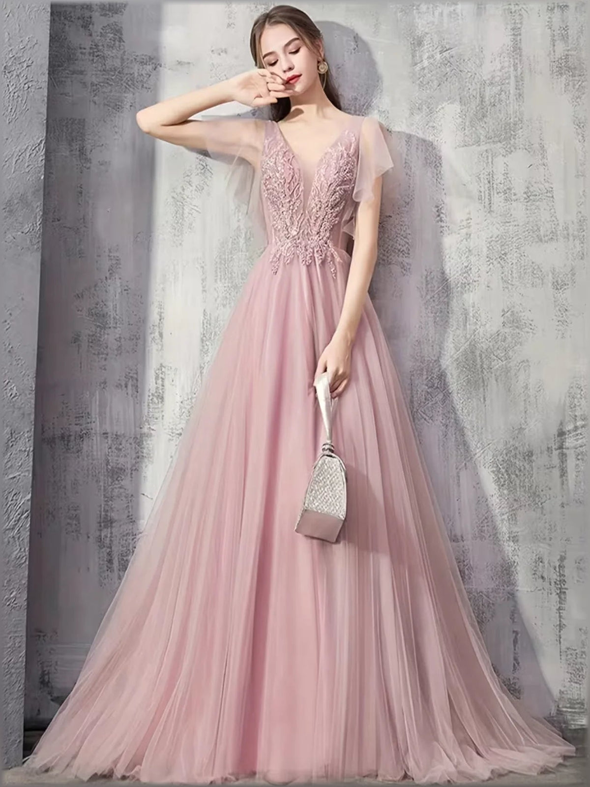 Blush pink off-shoulder A-line formal dress with lace bodice, short sheer sleeves, long skirt