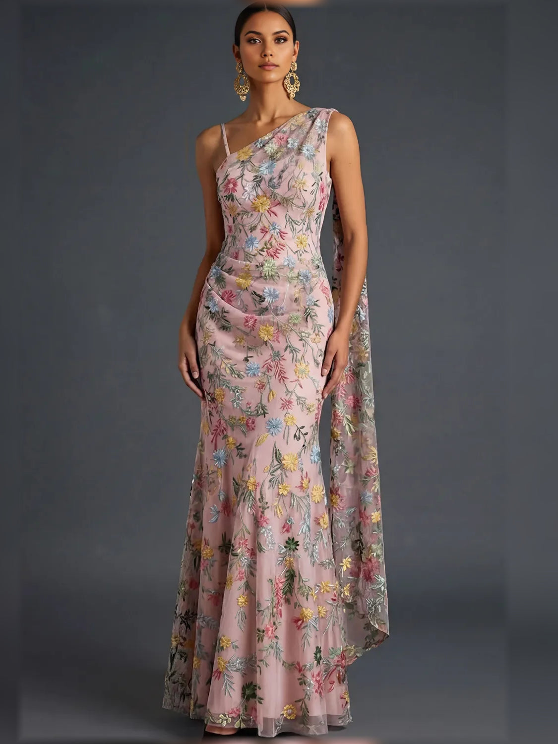 Floral print one-shoulder floor-length formal dress in blush mauve