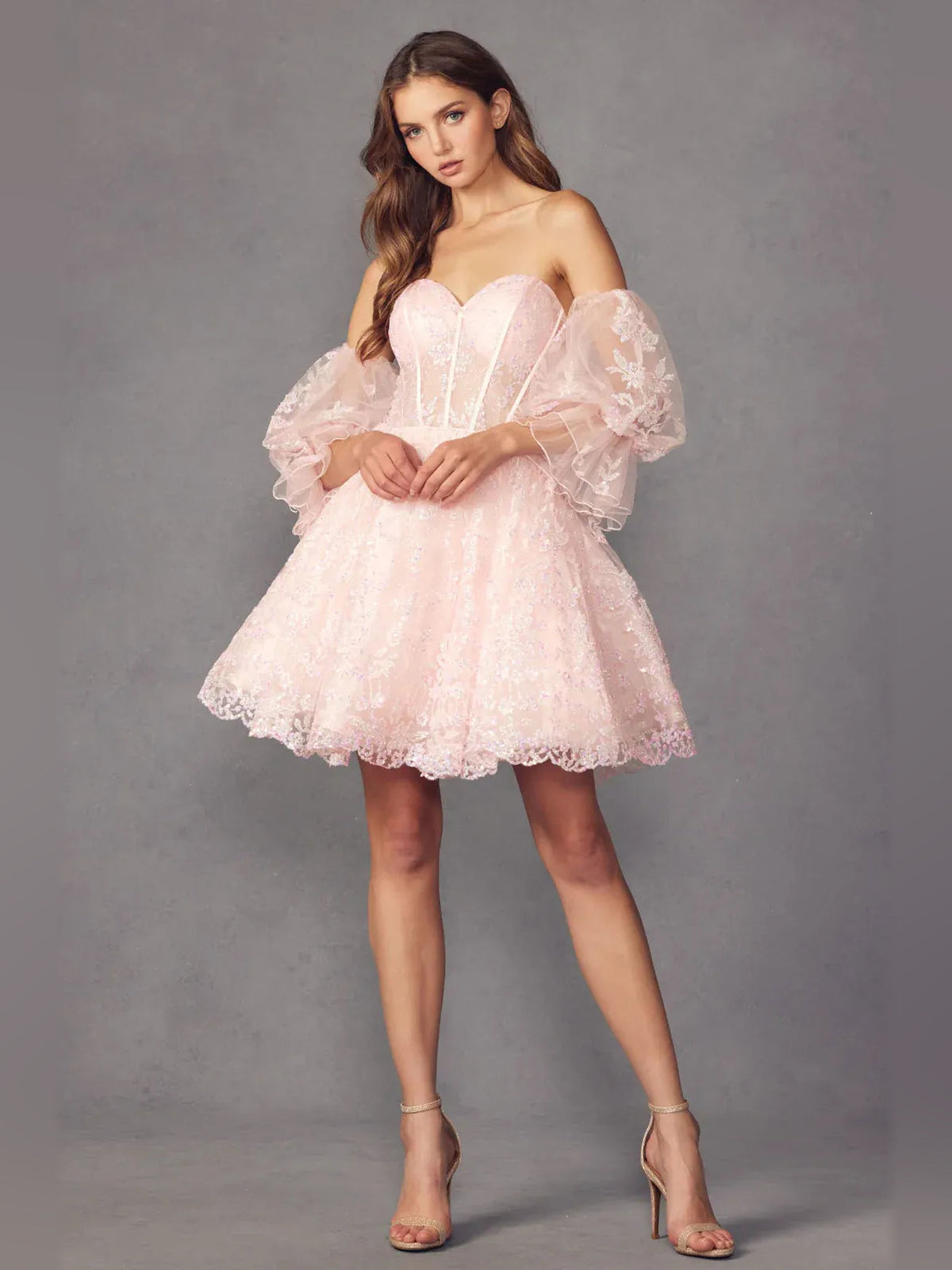 Blush pink glitter sweetheart A-line short tulle homecoming dress